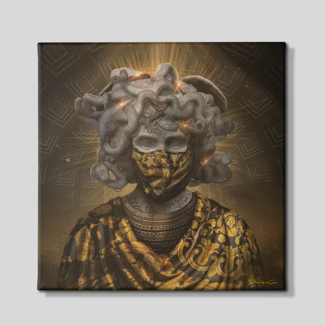 Gold Medusa classical sculpture wearing bandana square canvas wall art centered on light gray background 0.75 inch thin wrap