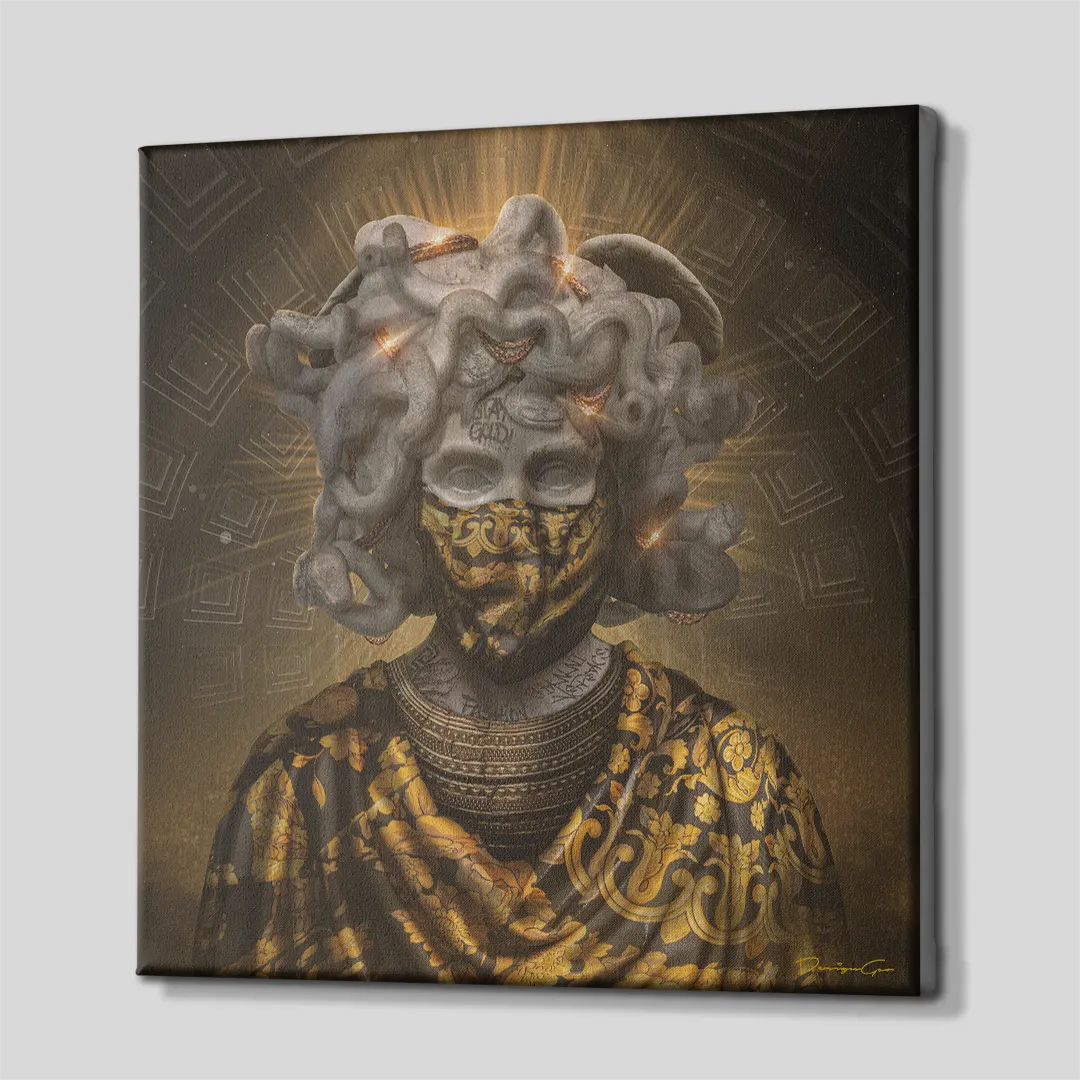 Side view of gold Medusa classical sculpture wearing bandana square canvas wall art showing black wrapped edge 0.75 inch thin wrap