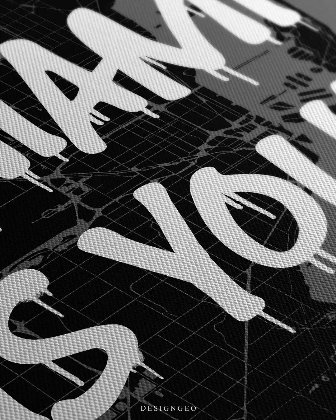 Close-up of a high-quality canvas featuring a detailed Miami street map with bold, white "dripping" graffiti typography over a dark, textured background