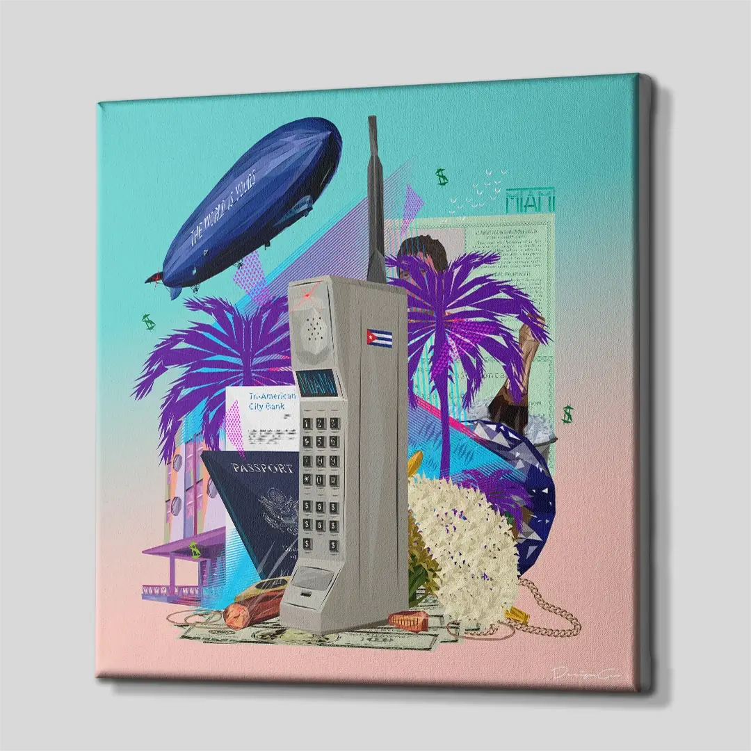 Side angle of the retro 1980s Miami elements pop art canvas print, highlighting the high-quality gallery wrap finish and the professional 3D frame depth