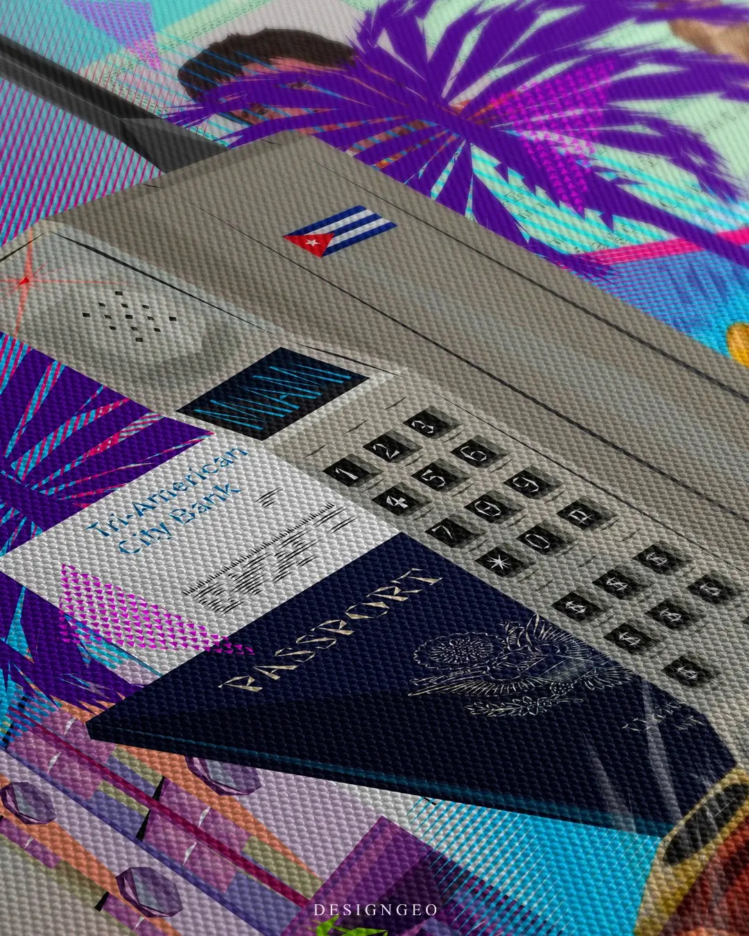 Close-up of 1980s Miami pop art wall decor featuring a collage of palm trees, tropical sunsets, and retro elements in vibrant pink and teal tones