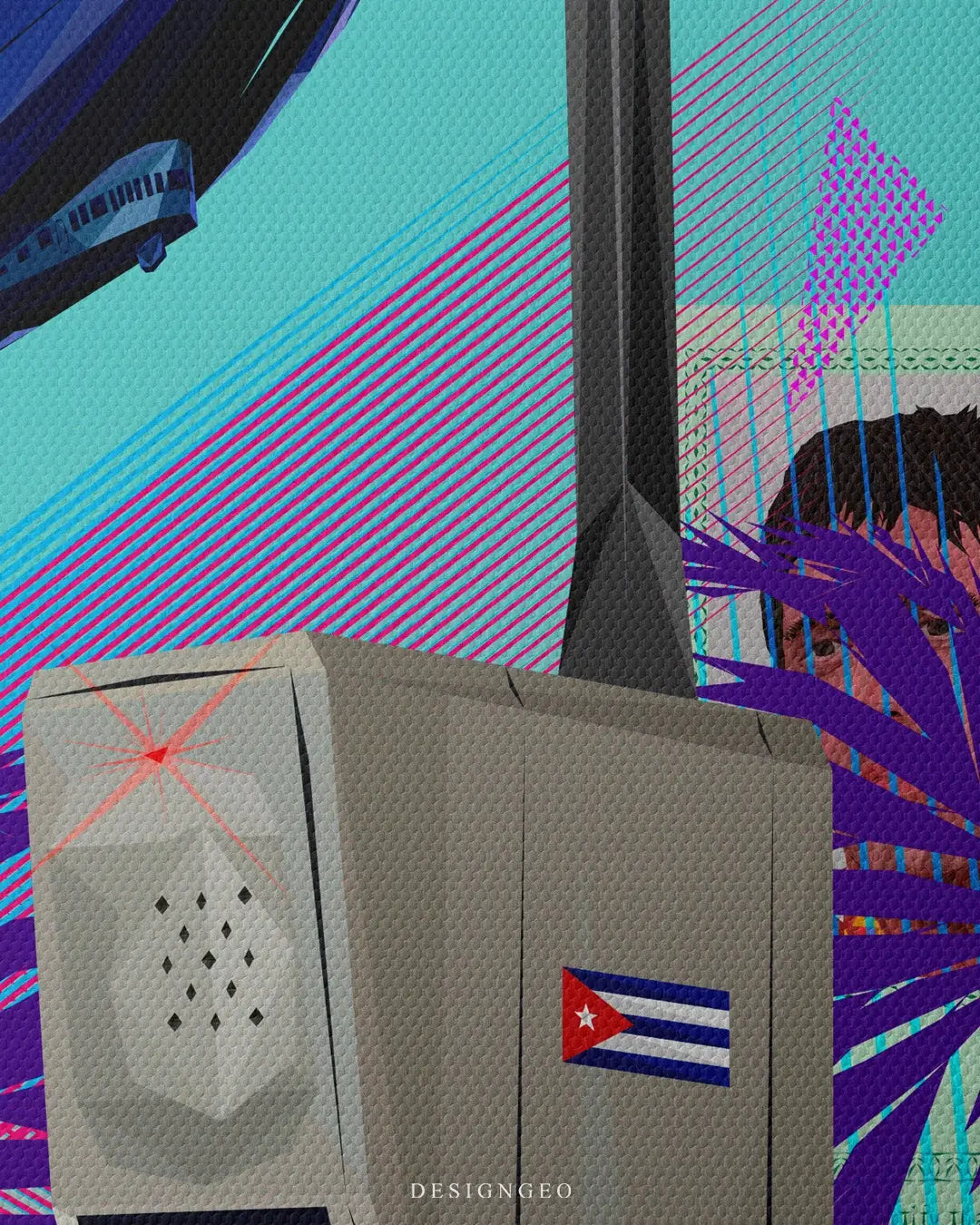 Artistic canvas illustration of iconic Miami Beach elements from the 80s, symbolizing power, ambition, and the colorful luxury lifestyle of Ocean Drive