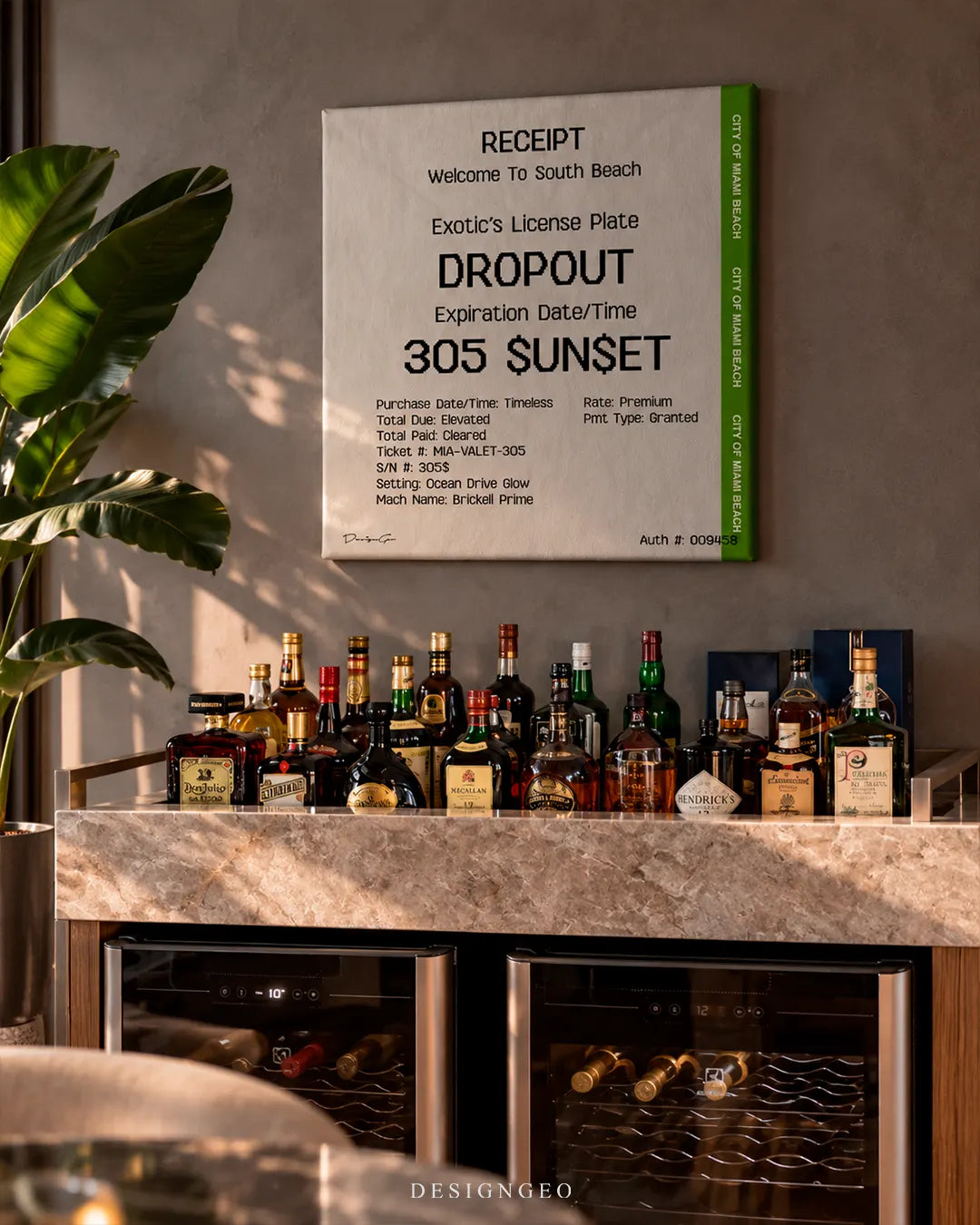 Miami Parking receipt typography license plate design luxury square canvas wall art mounted on wall above home bar credenza with wine cooler and bottles decor 0.75 inch thin wrap