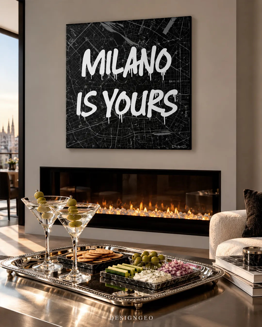 Milano Is Yours white spray paint text on black city map square canvas wall art displayed above a modern linear fireplace in a luxury living room