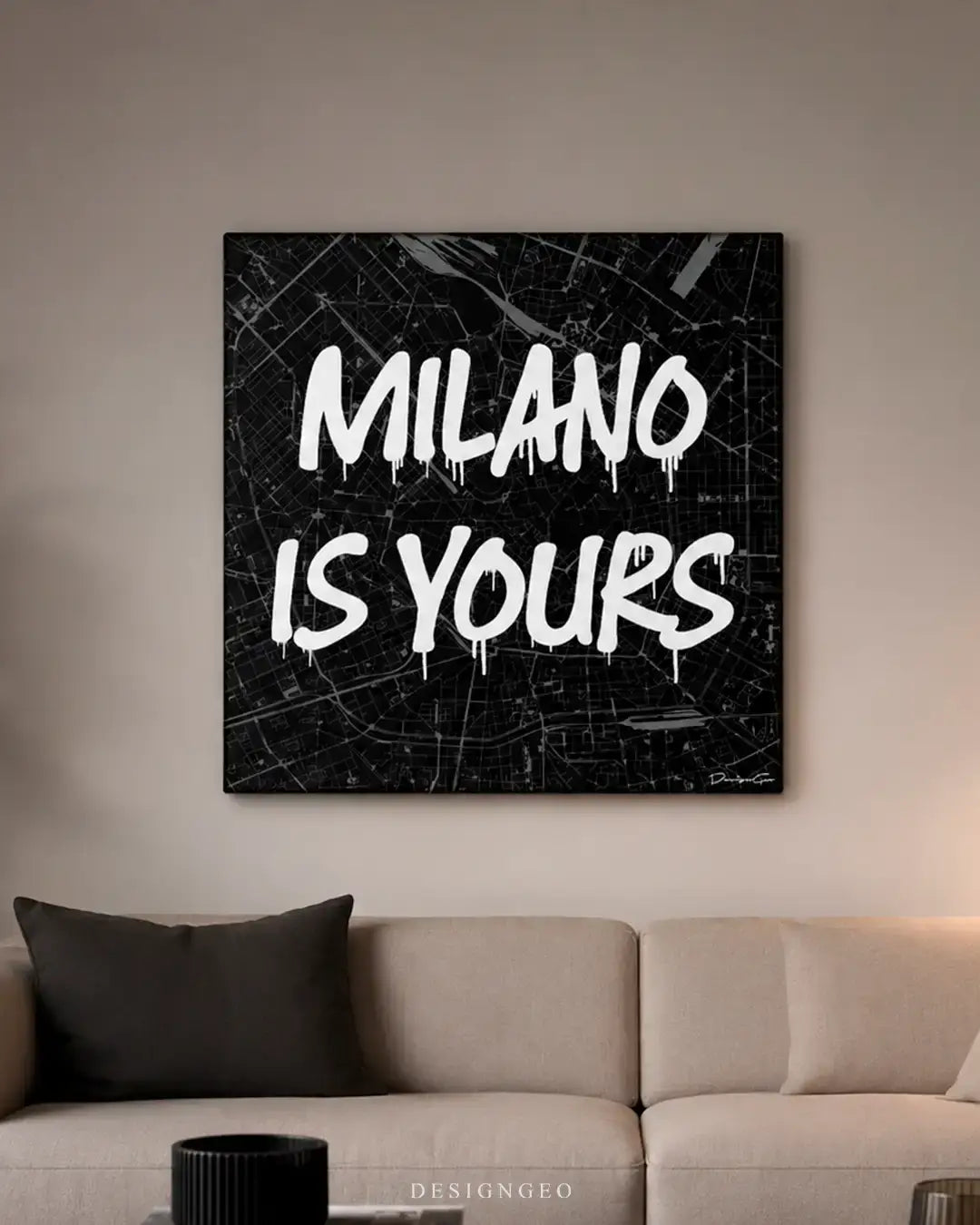 Artistic canvas composition of the Milan metropolitan map with a bold white graffiti quote, perfect for modern finance offices and sophisticated bedroom decor