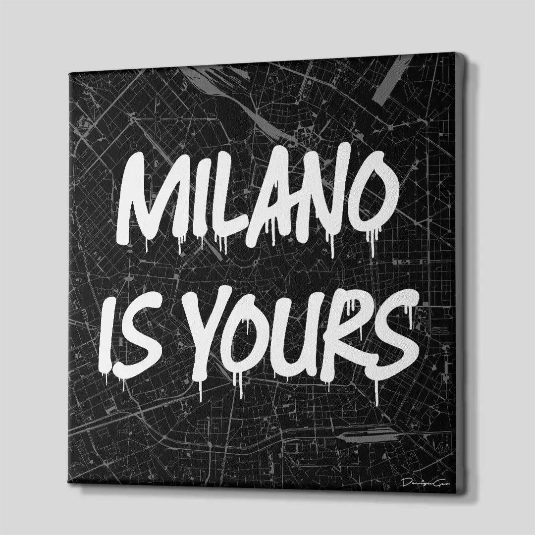 Side angle of the Milan-themed urban motivation canvas, highlighting the high-quality gallery wrap finish and the professional 3D frame depth
