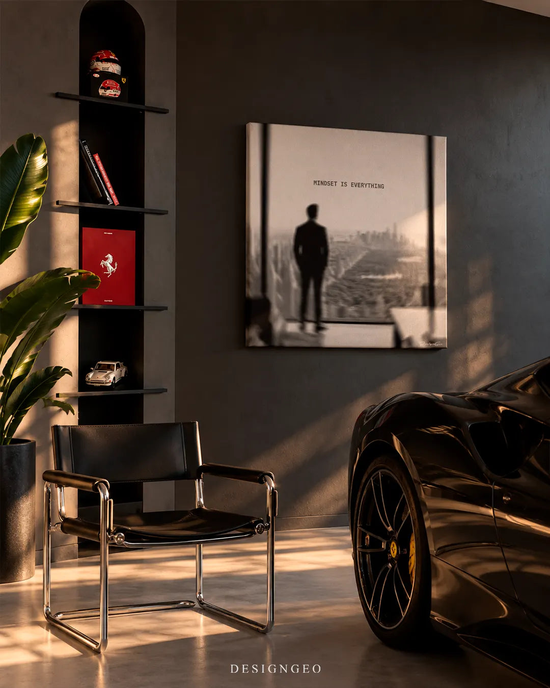 Mindset Is Everything motivational typography square canvas wall art mounted on dark wall in luxury garage with sports car and armchair decor 0.75 inch thin wrap