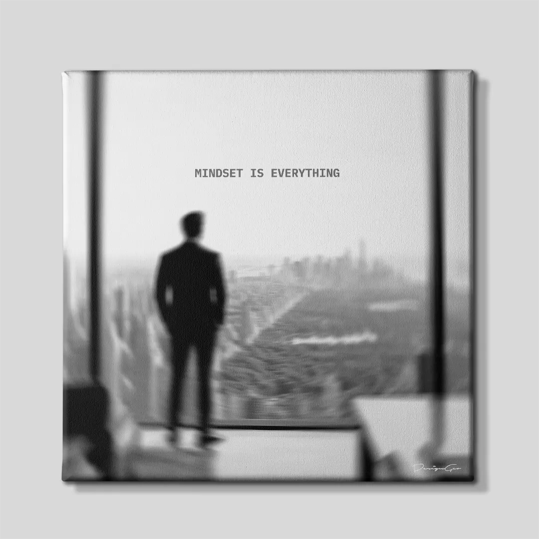 Black and white square canvas wall art featuring a businessman silhouette in a skyscraper looking over New York Central Park skyline under quote Mindset Is Everything 0.75 inch thin wrap