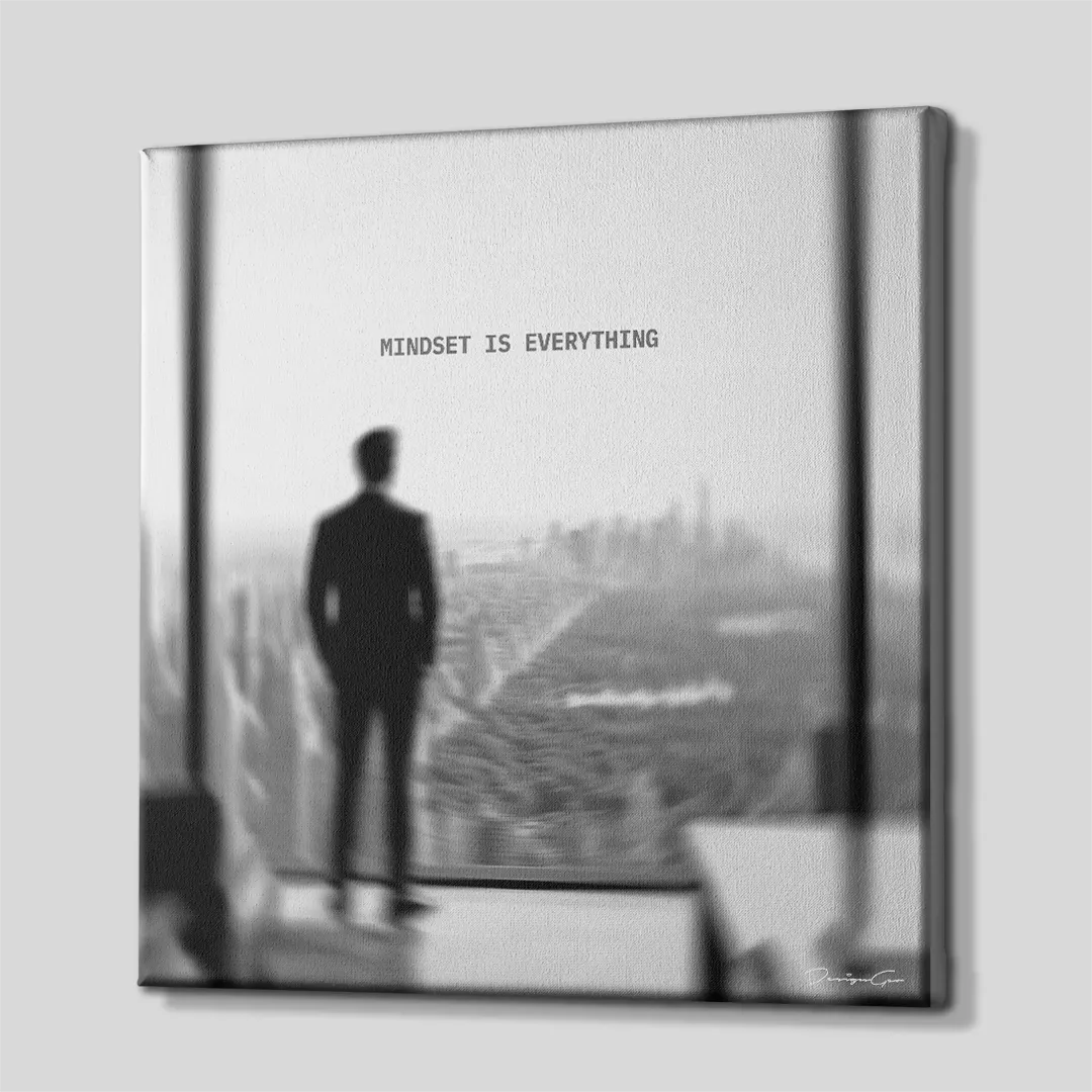 Side perspective view of black and white square canvas art showing businessman city skyline design with white gallery wrapped edge 0.75 inch thin wrap