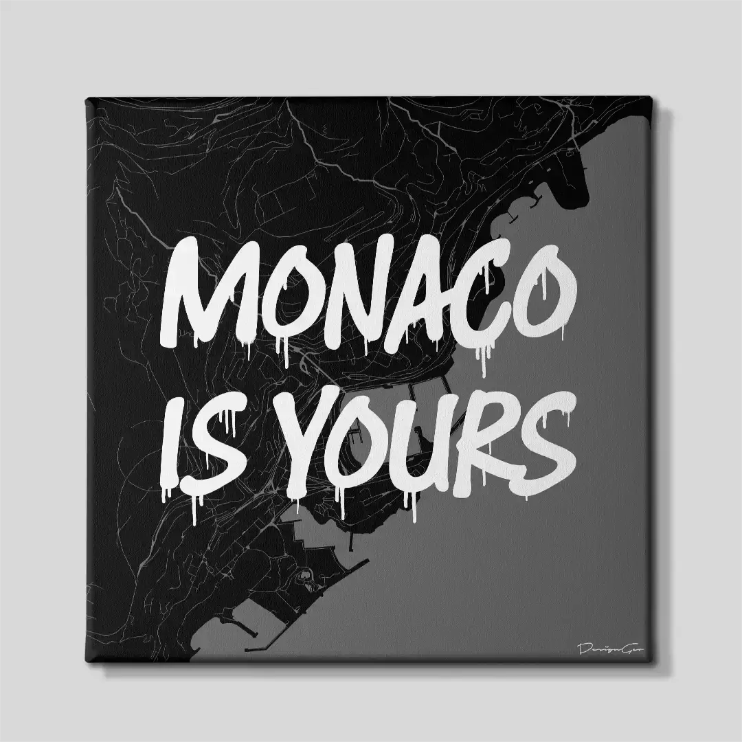 Front view of the Monaco is Yours square city map canvas print, a premium motivational wall art piece designed for contemporary corporate settings, trading rooms, and motorsport enthusiasts