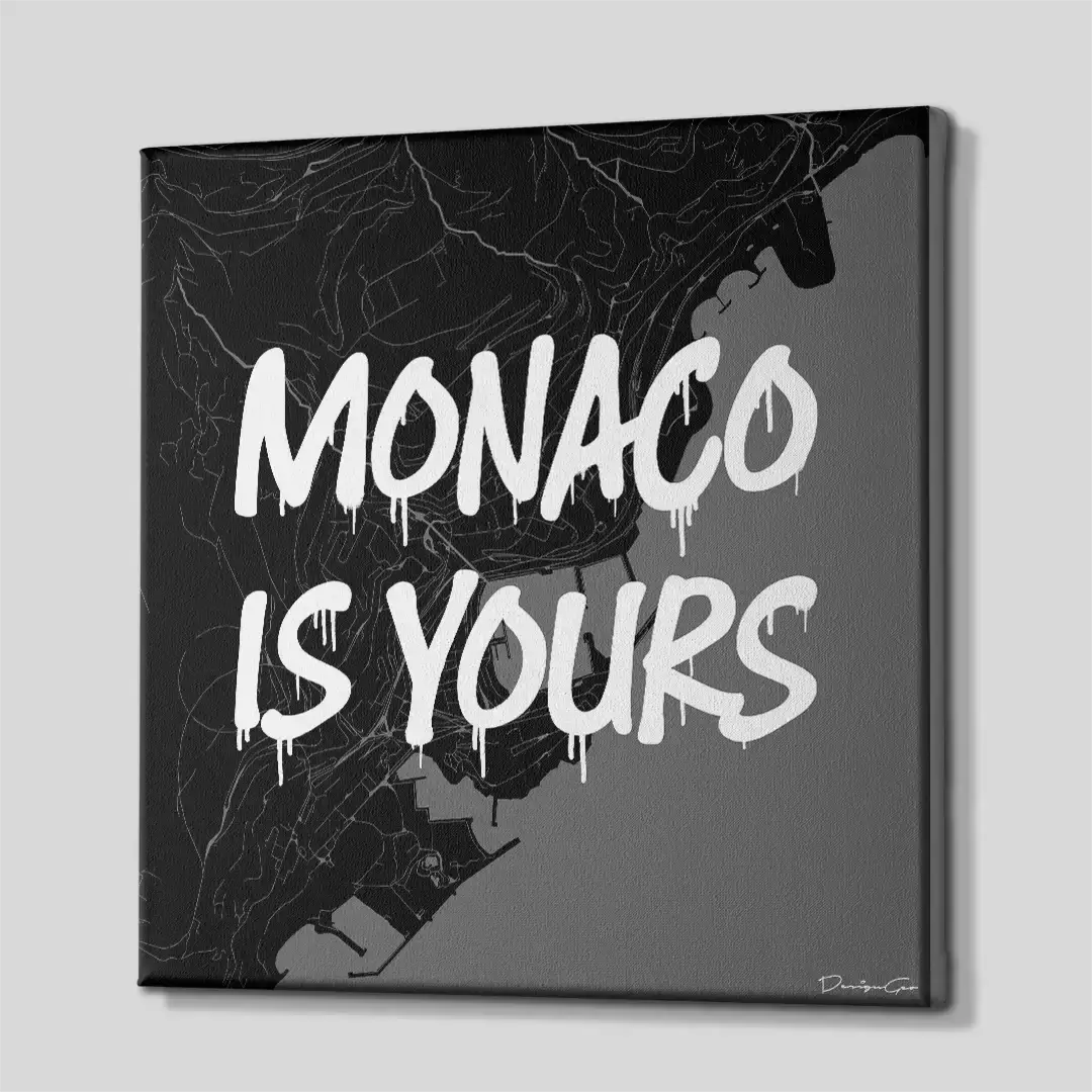 Side perspective of the Monaco urban map canvas print, highlighting the premium gallery wrap finish and the solid 3D frame depth ideal for professional interior design