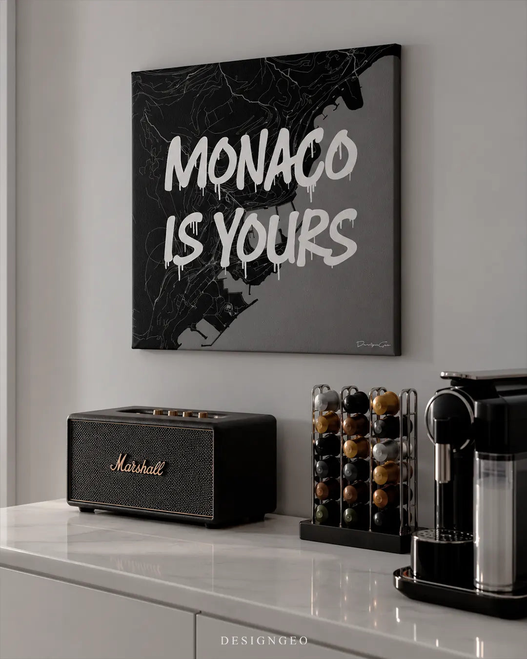 Monaco Is Yours monochrome map typography square canvas wall art mounted on wall in luxury lounge above coffee bar 0.75 inch thin wrap