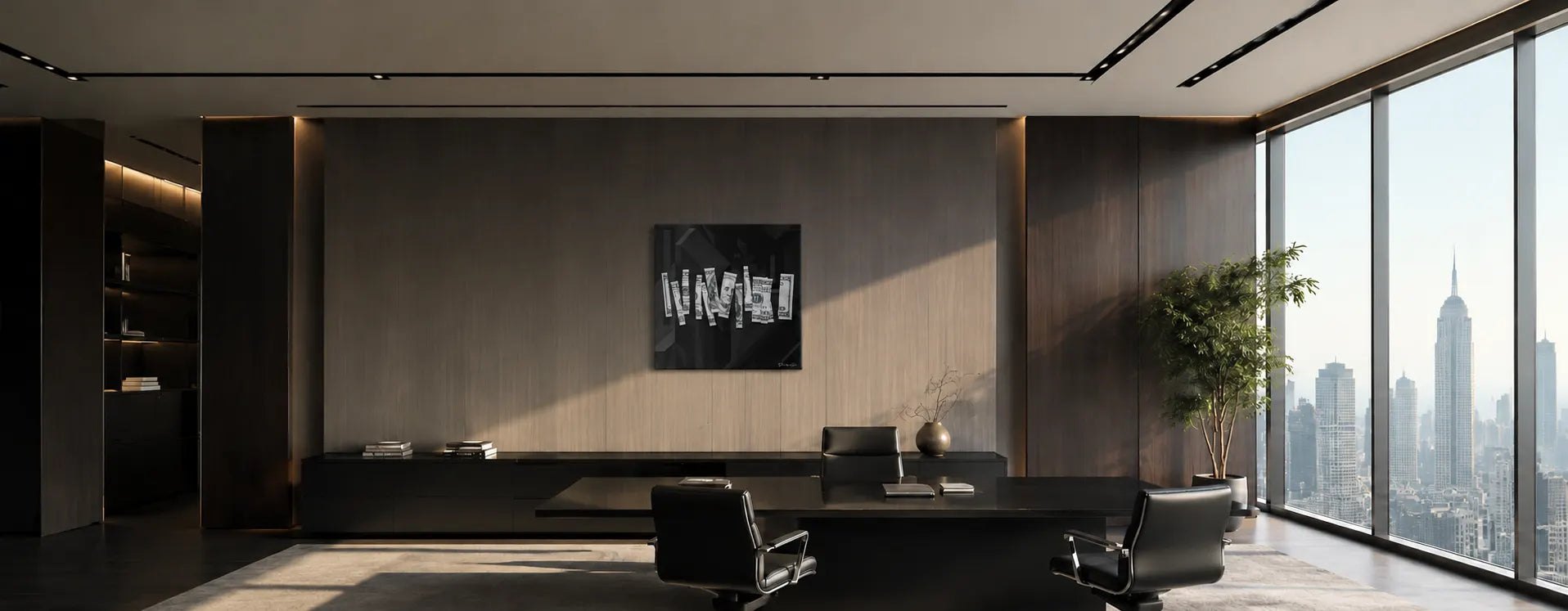 Modern luxury executive office featuring a square black and white 100 dollar bill canvas print mounted on a wood-paneled accent wall behind a dark wooden desk with skyscraper city view windows