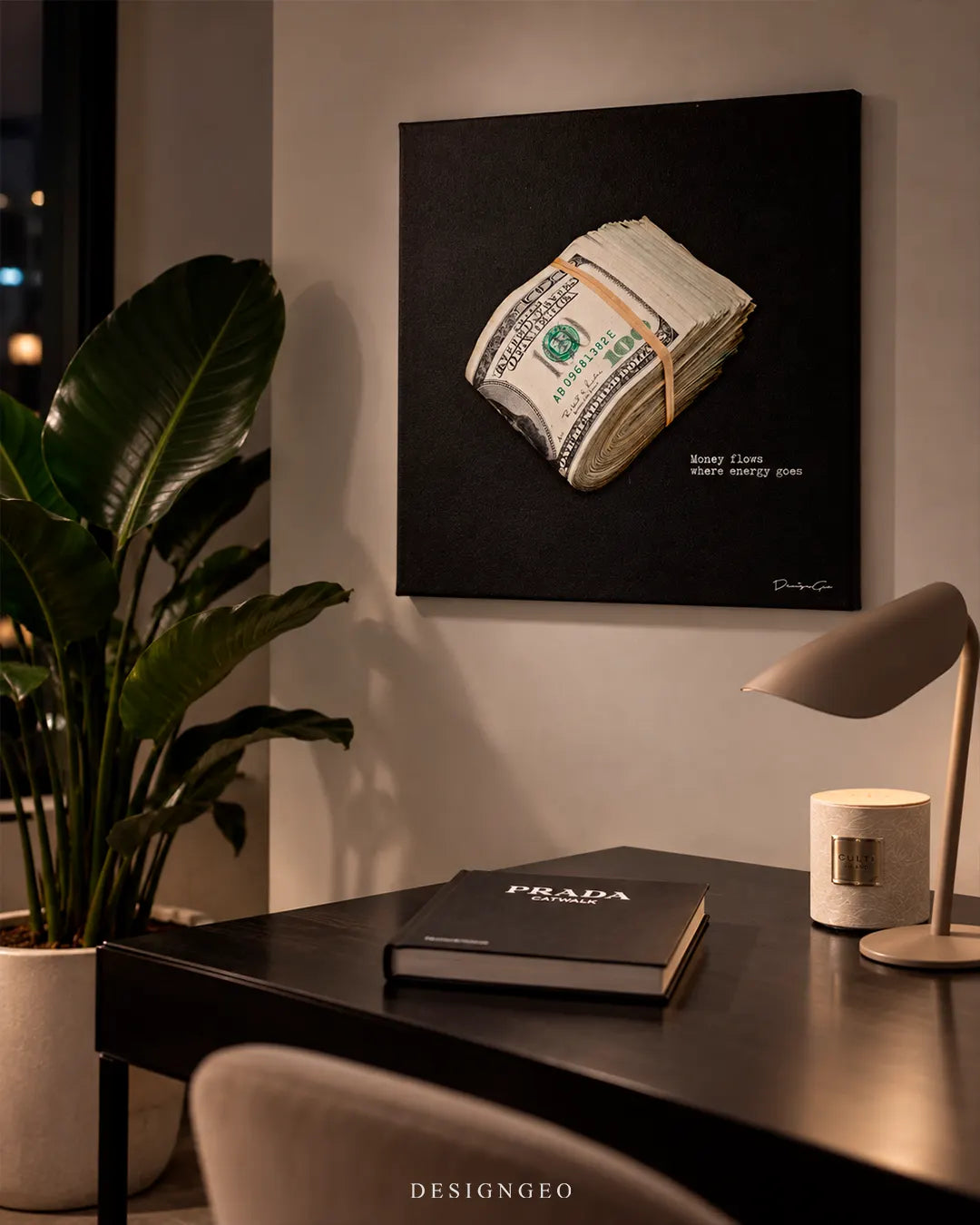 Money flows where energy goes stacked dollar bills with motivational typography luxury square canvas wall art mounted on wall in study above desk decor 0.75 inch thin wrap