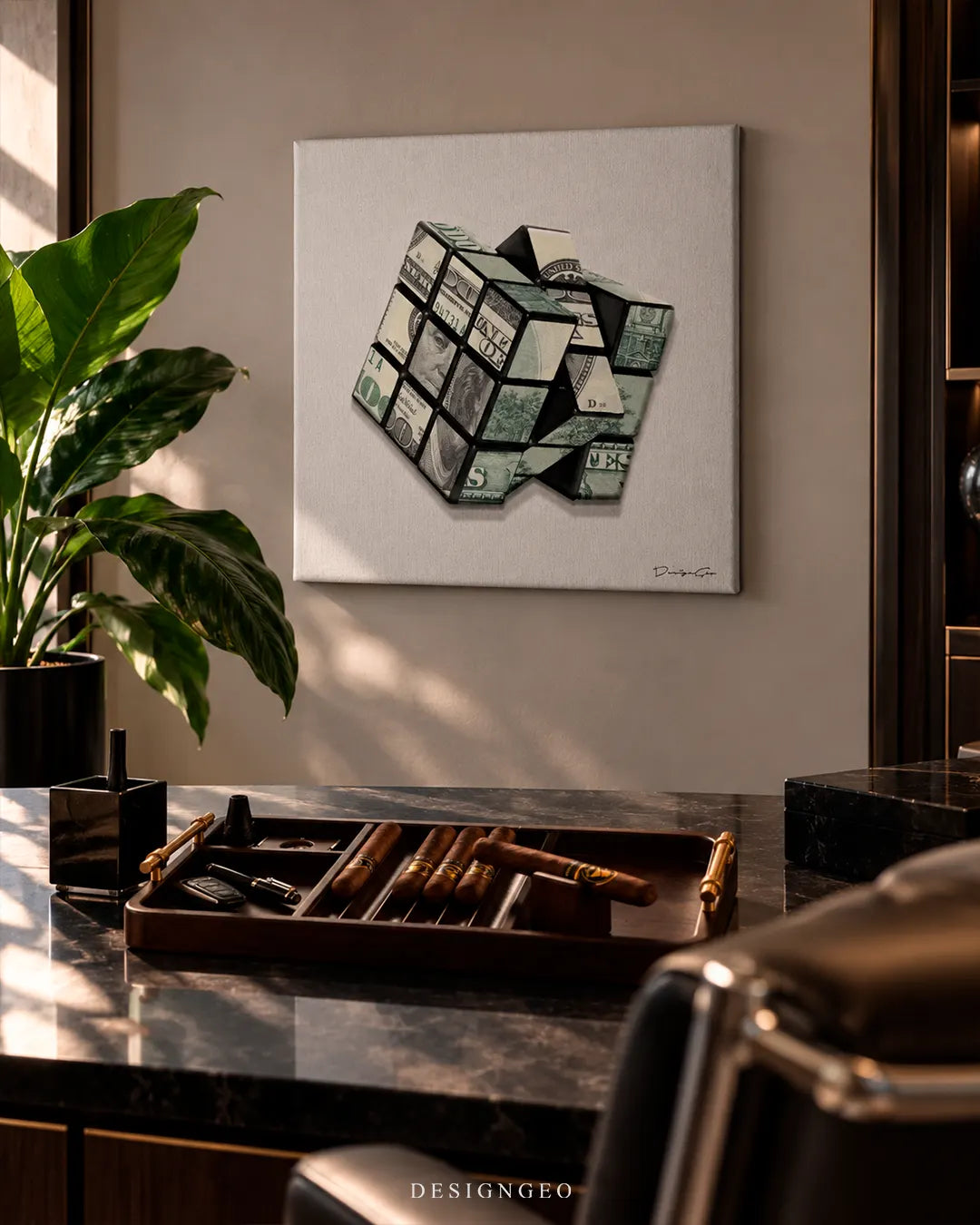 Money Game hundred dollar bill Rubik's cube pop art luxury square canvas wall art mounted on wall in office above desk with cigar tray decor 0.75 inch thin wrap