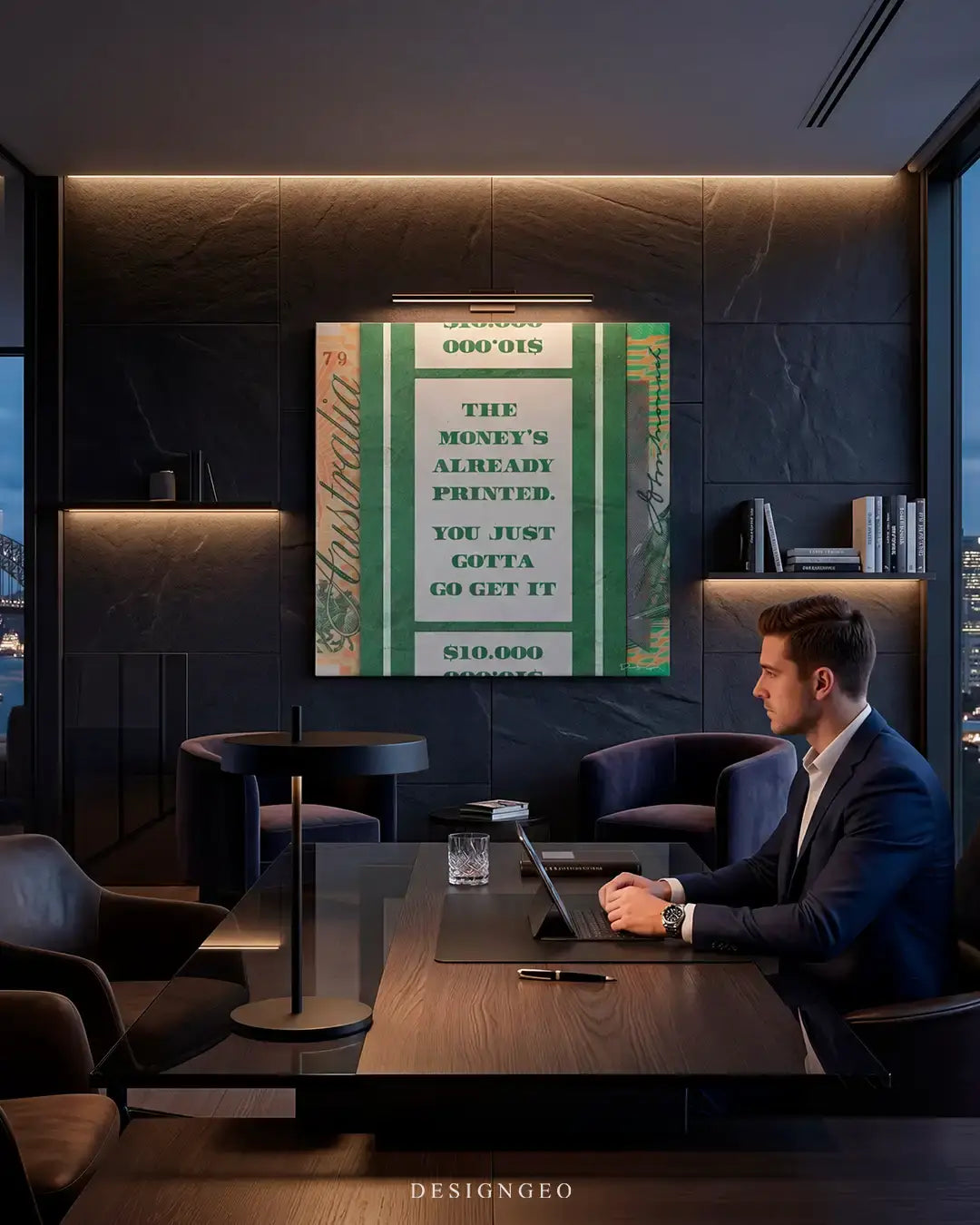 Modern office interior setting displaying the "Money is Already Printed" Australian dollar square canvas art above a desk, adding a luxury statement piece for office