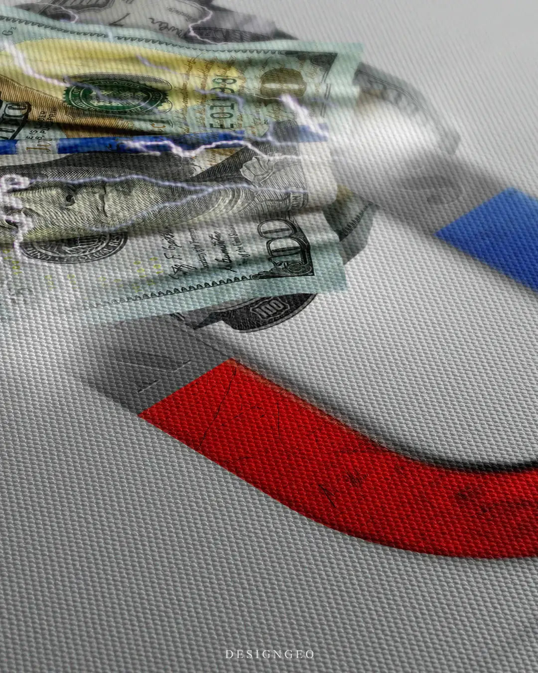 Close-up of modern motivational wall art featuring a red and silver magnet attracting realistic US dollar bills on a minimalist white background