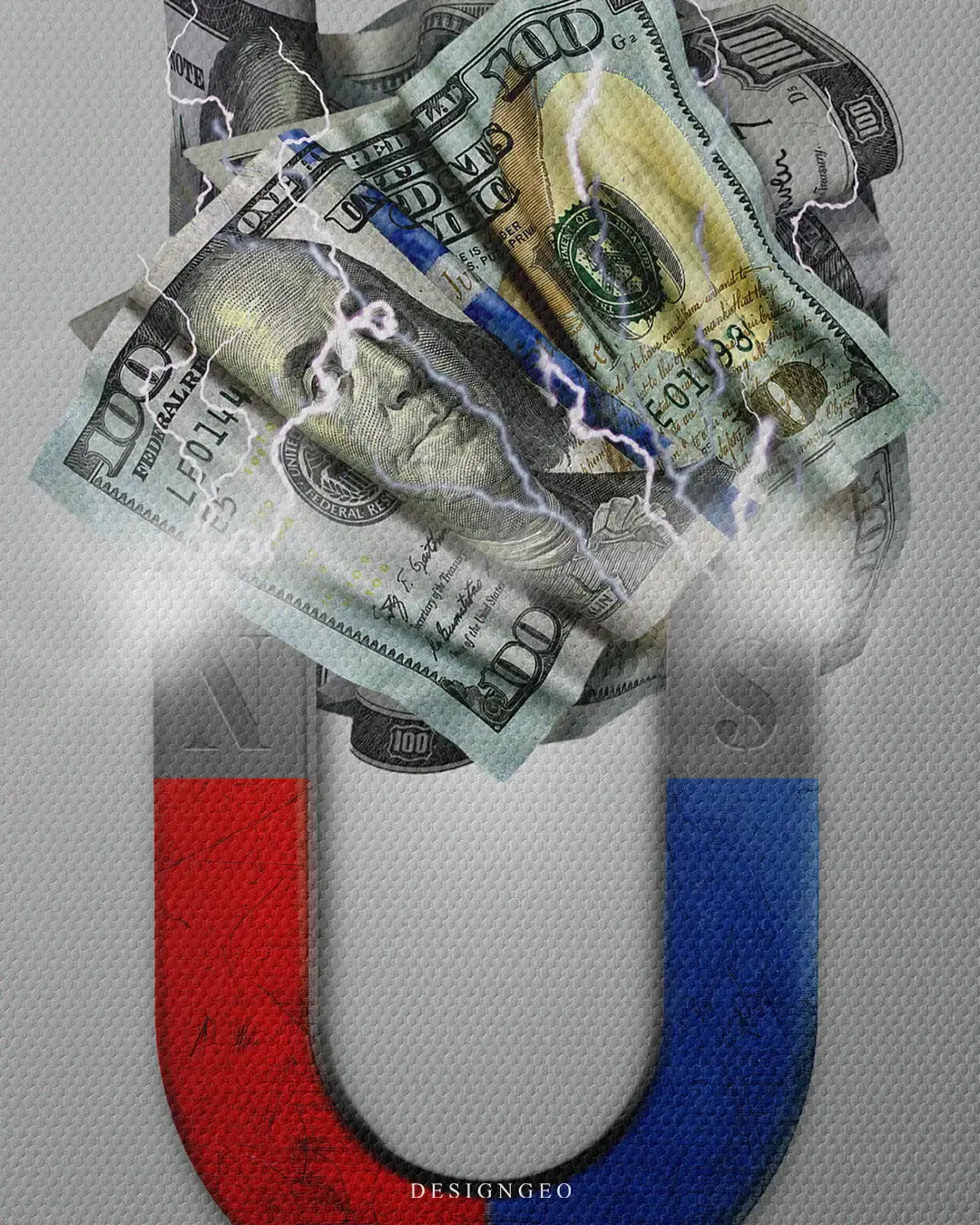 Detailed view of the "Money Magnet" art, showcasing the high-definition textures of the currency and the dynamic arrangement of the bills on a contemporary canvas