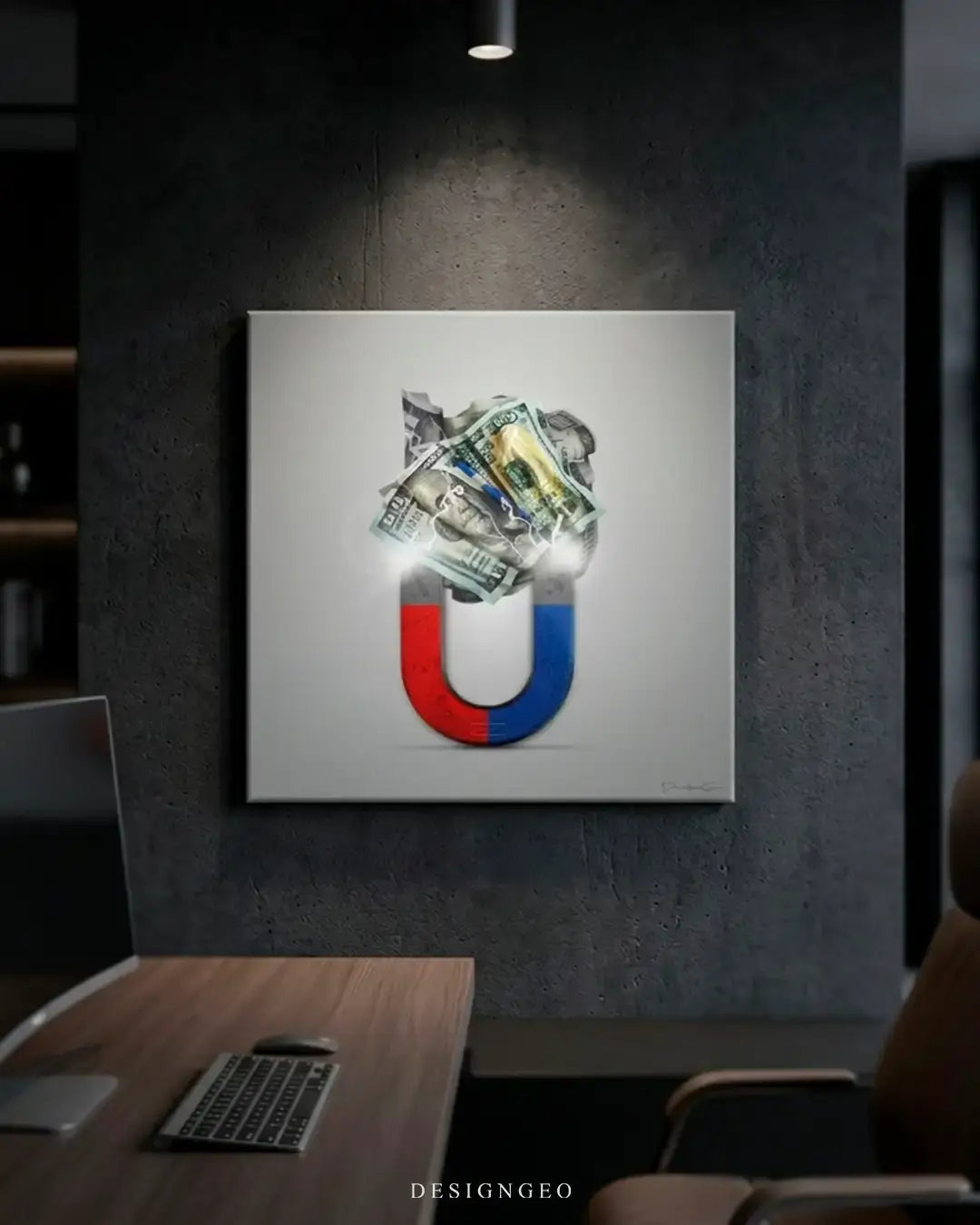 Artistic canvas composition of a money magnet representing financial success and the law of attraction for modern business spaces and executive offices