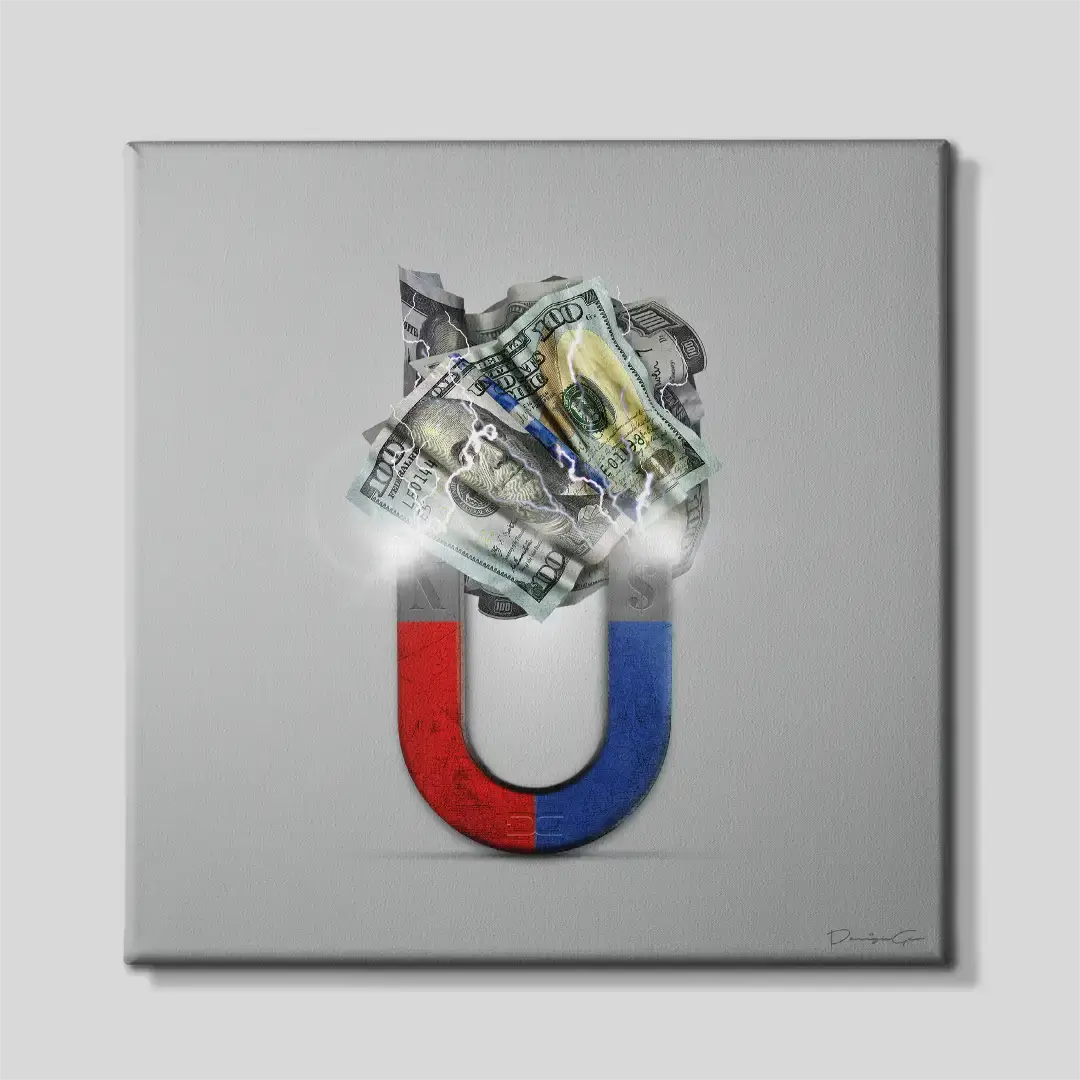 Front view of the Money Magnet square canvas wall art, a premium decorative piece for entrepreneur workspaces, creative studios, or home offices