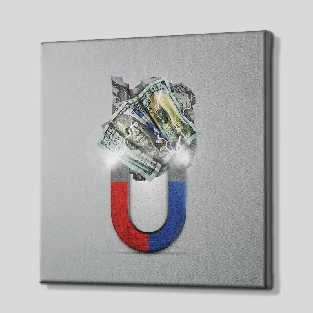 Side angle of the money-themed motivation canvas print, highlighting the high-quality gallery wrap finish and the professional 3D frame depth