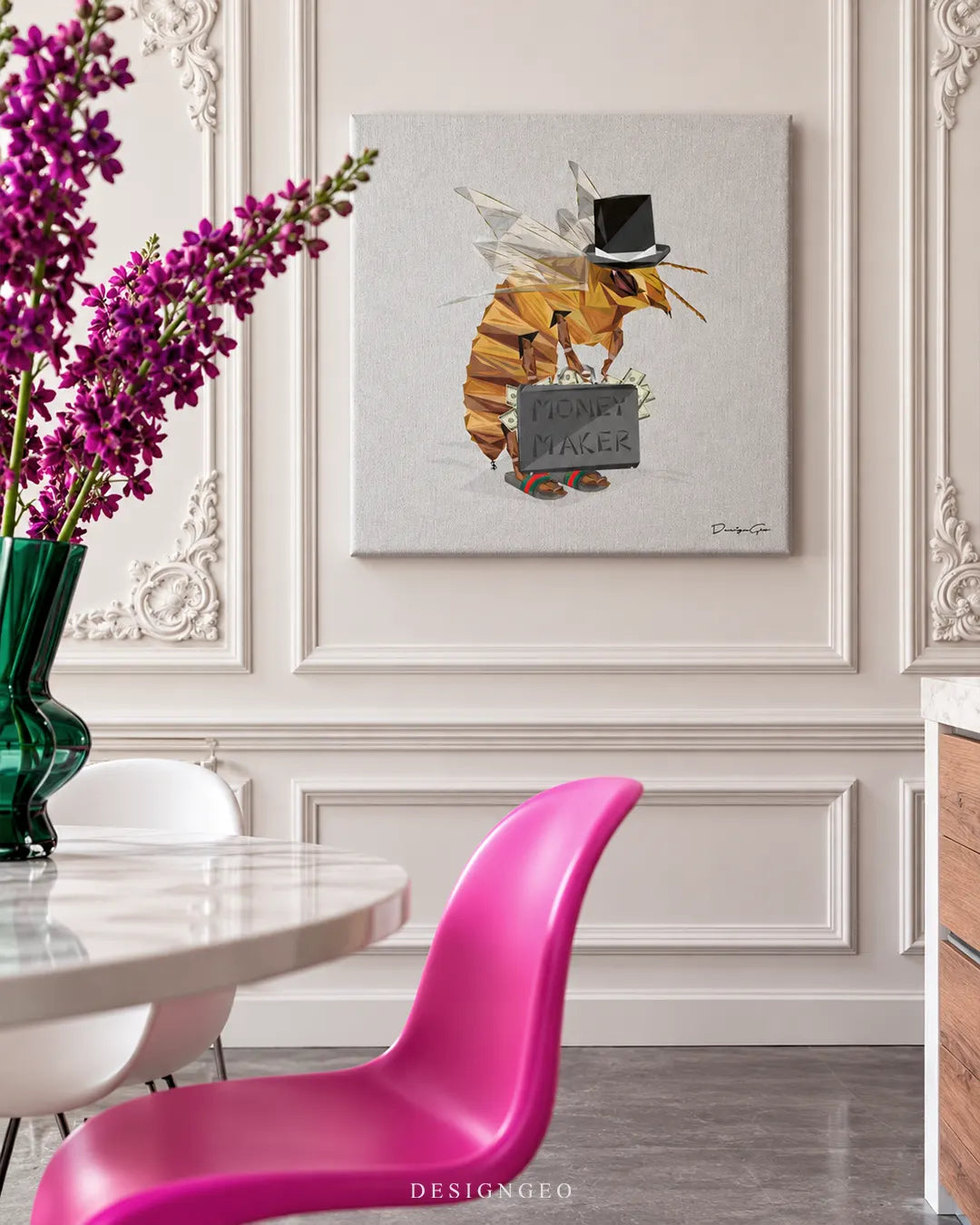 Geometric low poly bee wearing top hat holding Money Maker briefcase square canvas wall art displayed on a white wainscoted wall in a dining room above a white table 0.75 inch thin wrap