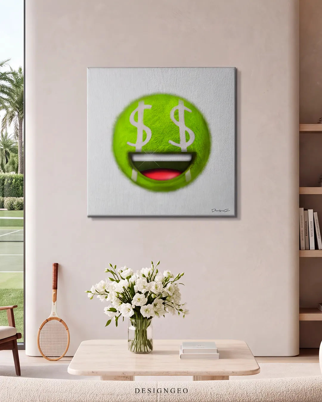 Front view of a square canvas print featuring a neon green tennis ball smiley face with white dollar signs for eyes and a open smile against a textured light grey background