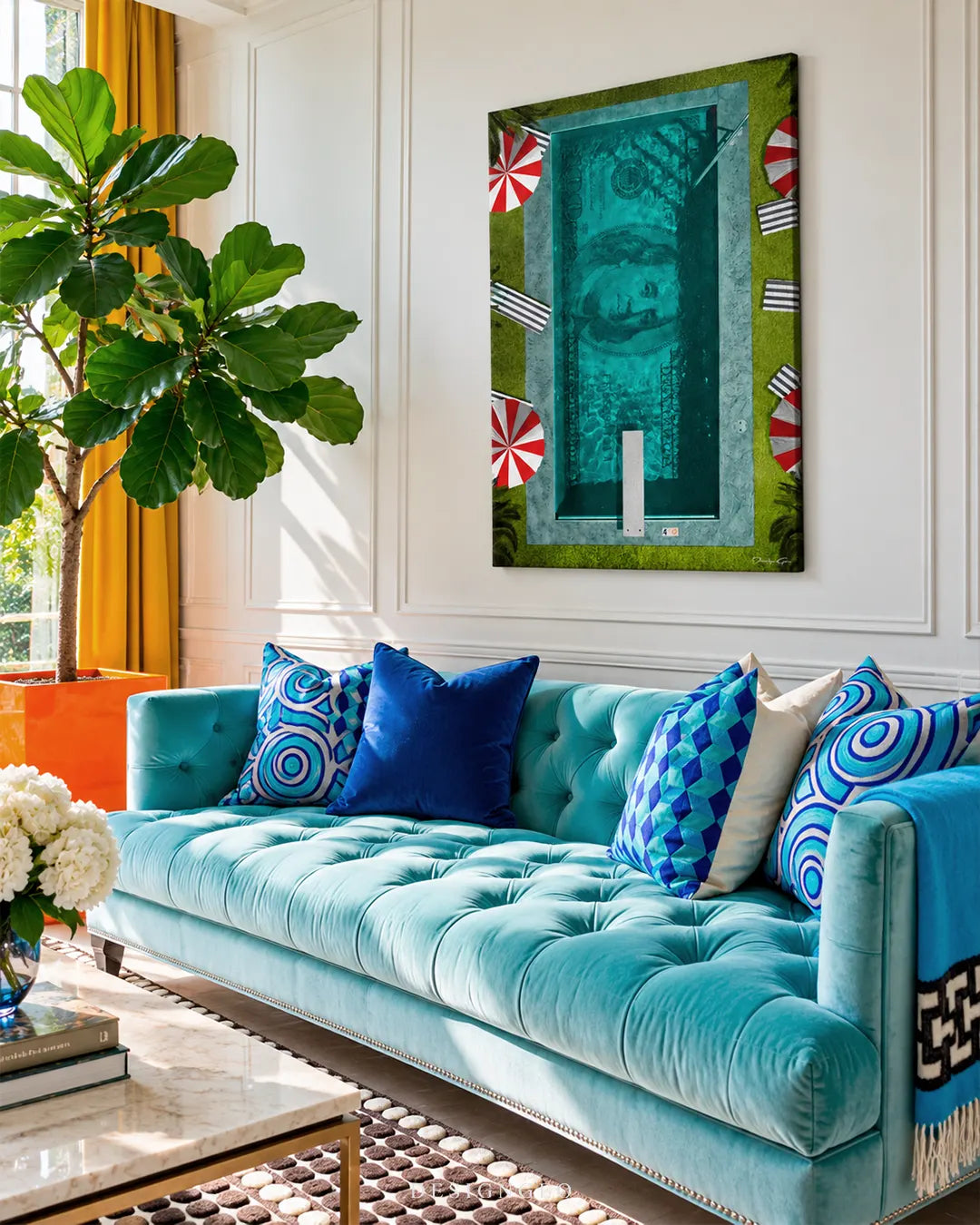 One hundred dollar bill swimming pool aerial view vertical canvas wall art displayed on a white paneled wall above a turquoise tufted sofa 0.75 inch thin wrap