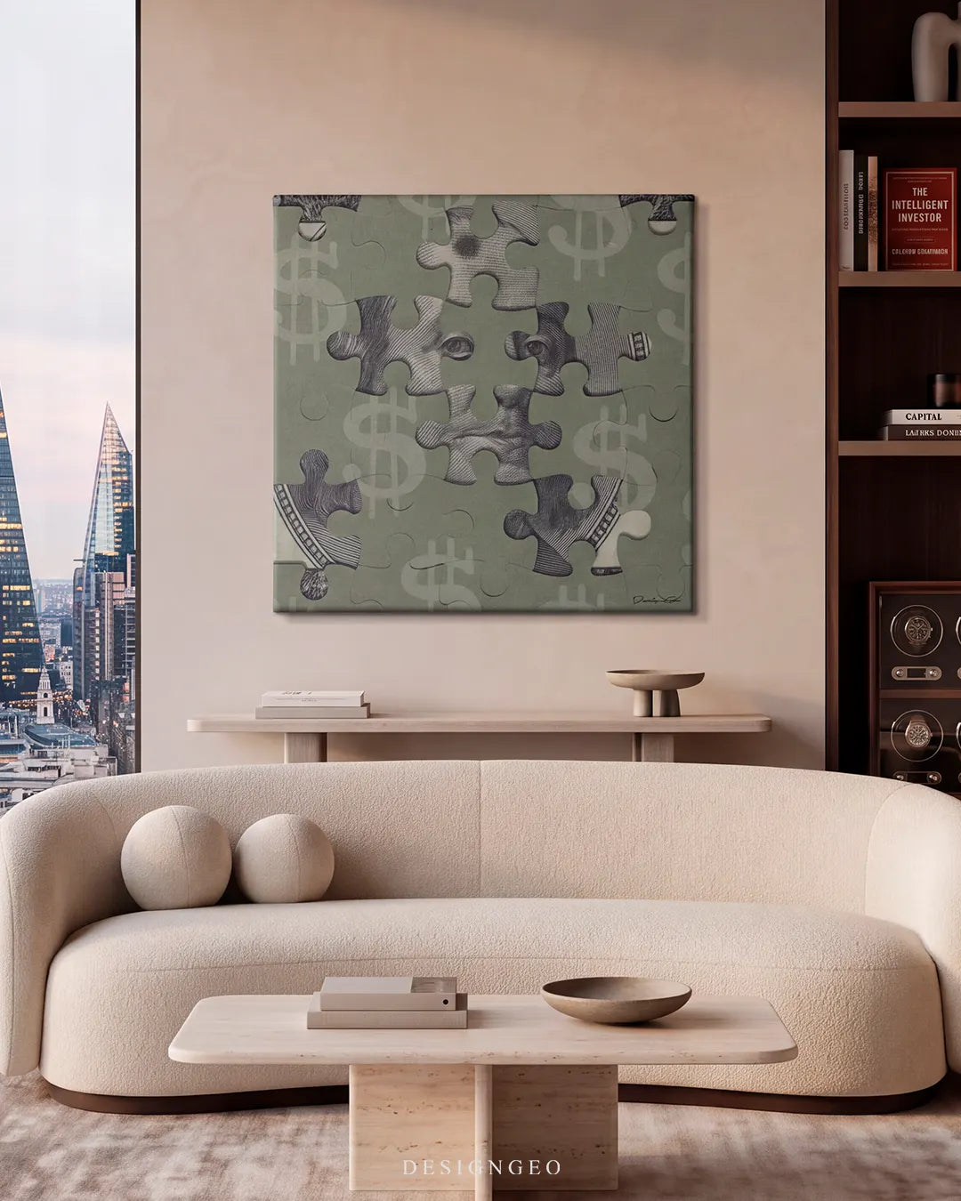 Front view of a square canvas print displaying a vintage green jigsaw puzzle where center interlocking pieces assemble Benjamin Franklin's portrait from the 100 dollar bill over a dollar sign pattern background