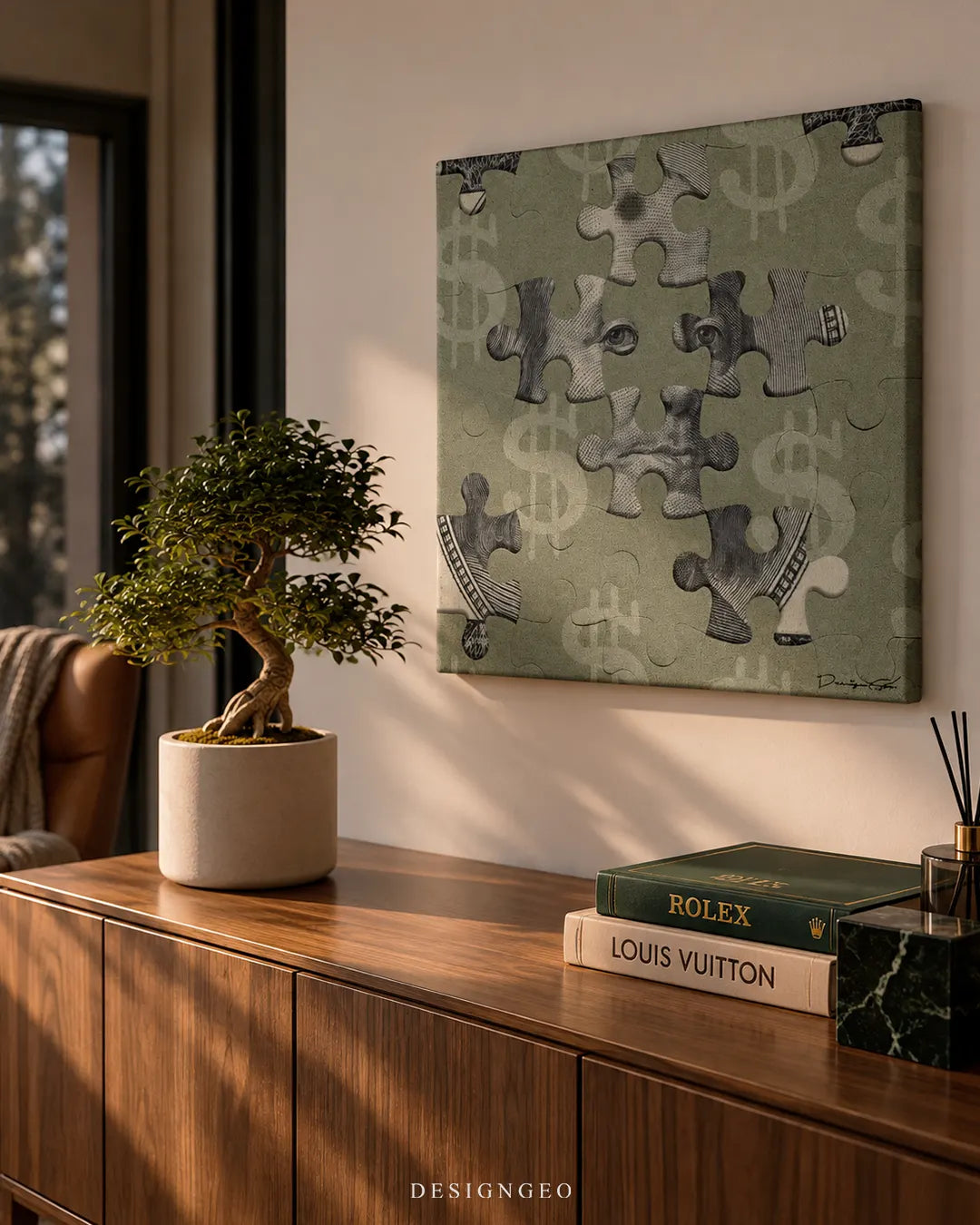 Benjamin Franklin dollar jigsaw puzzle square canvas wall art mounted on warm beige wall above wooden credenza with bonsai tree 0.75 inch thin wrap