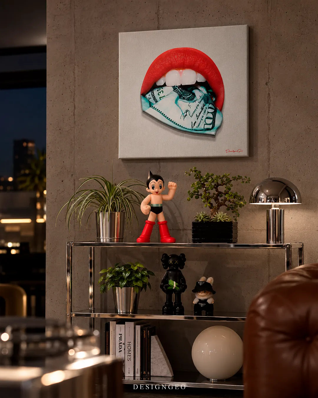 Money Talks red lips biting hundred dollar bill pop art luxury square canvas wall art mounted on concrete wall above console shelf with designer toys decor 0.75 inch thin wrap