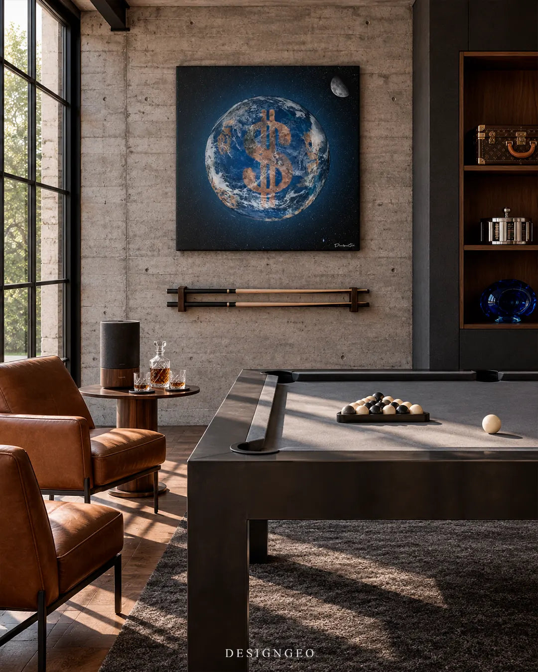 Planet Earth with a gold dollar sign square canvas wall art mounted on a concrete wall in a luxury game room above a pool table and leather armchairs