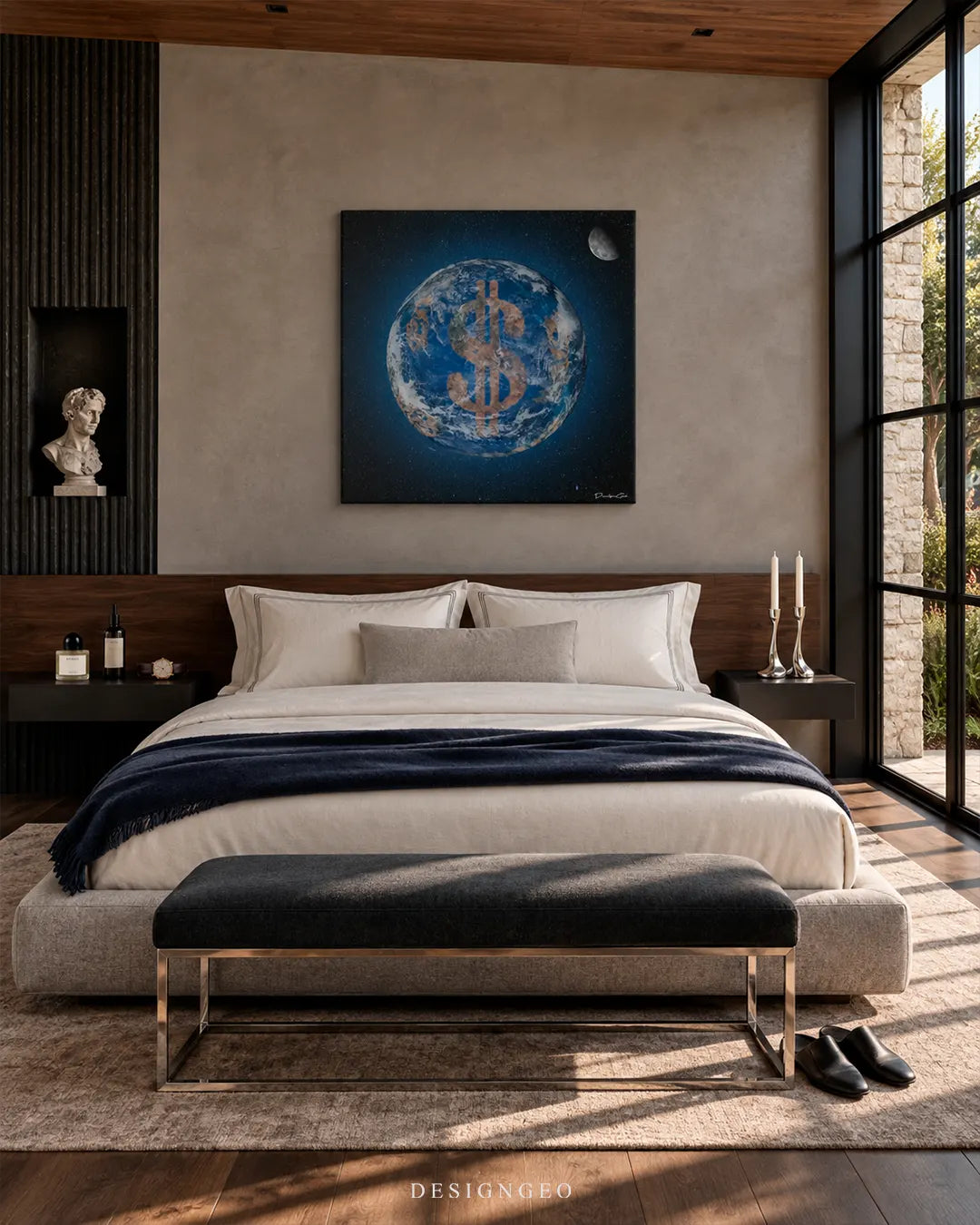 Planet Earth with a dollar sign square money canvas print displayed on a beige wall in a modern luxury bedroom above a wooden headboard
