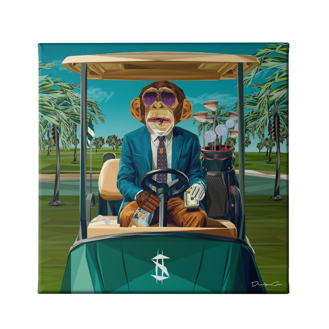 Monkey golf limited edition square canvas print created by designgeo
