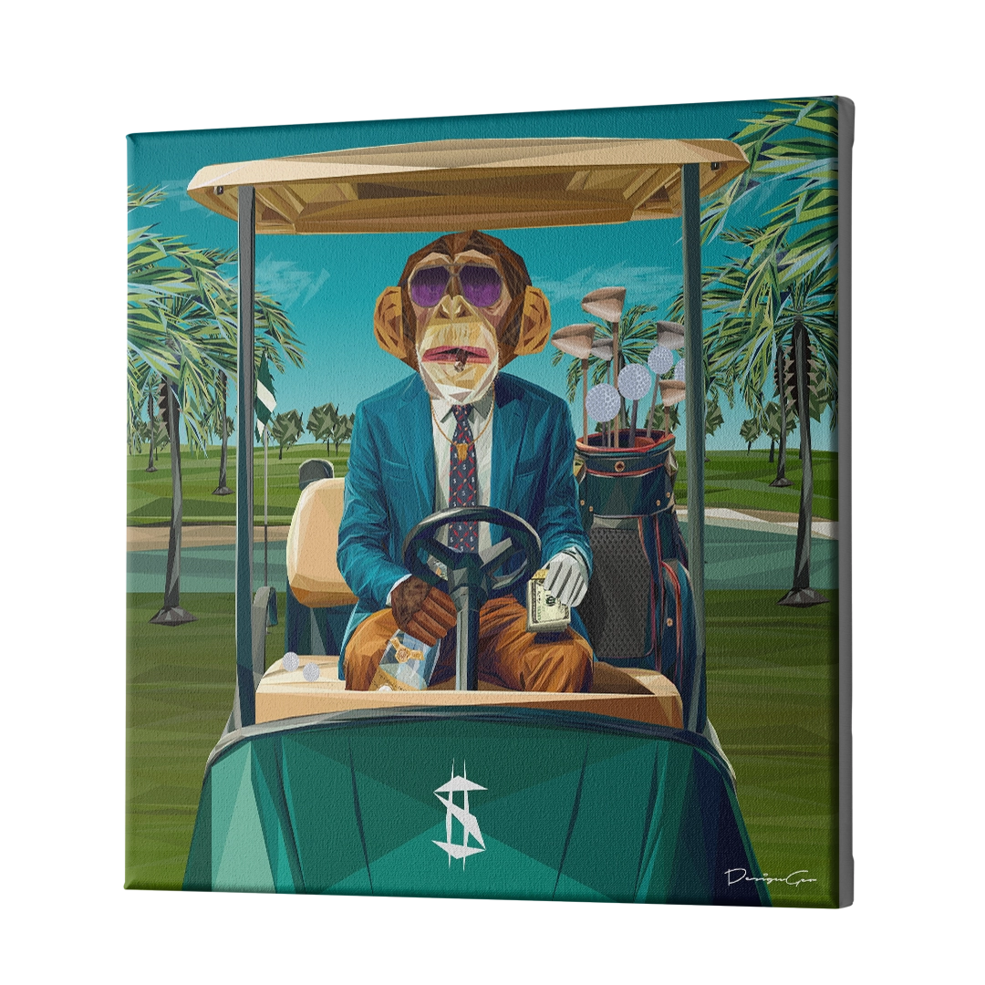 Monkey golf limited edition square canvas print created by designgeo