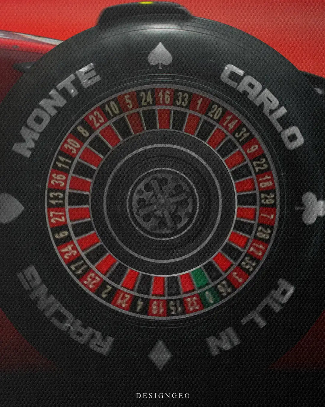 Detailed view of the "Monte Carlo Apex" art, showcasing the sleek aerodynamic lines of the car and the intricate casino roulette details on a professional canvas