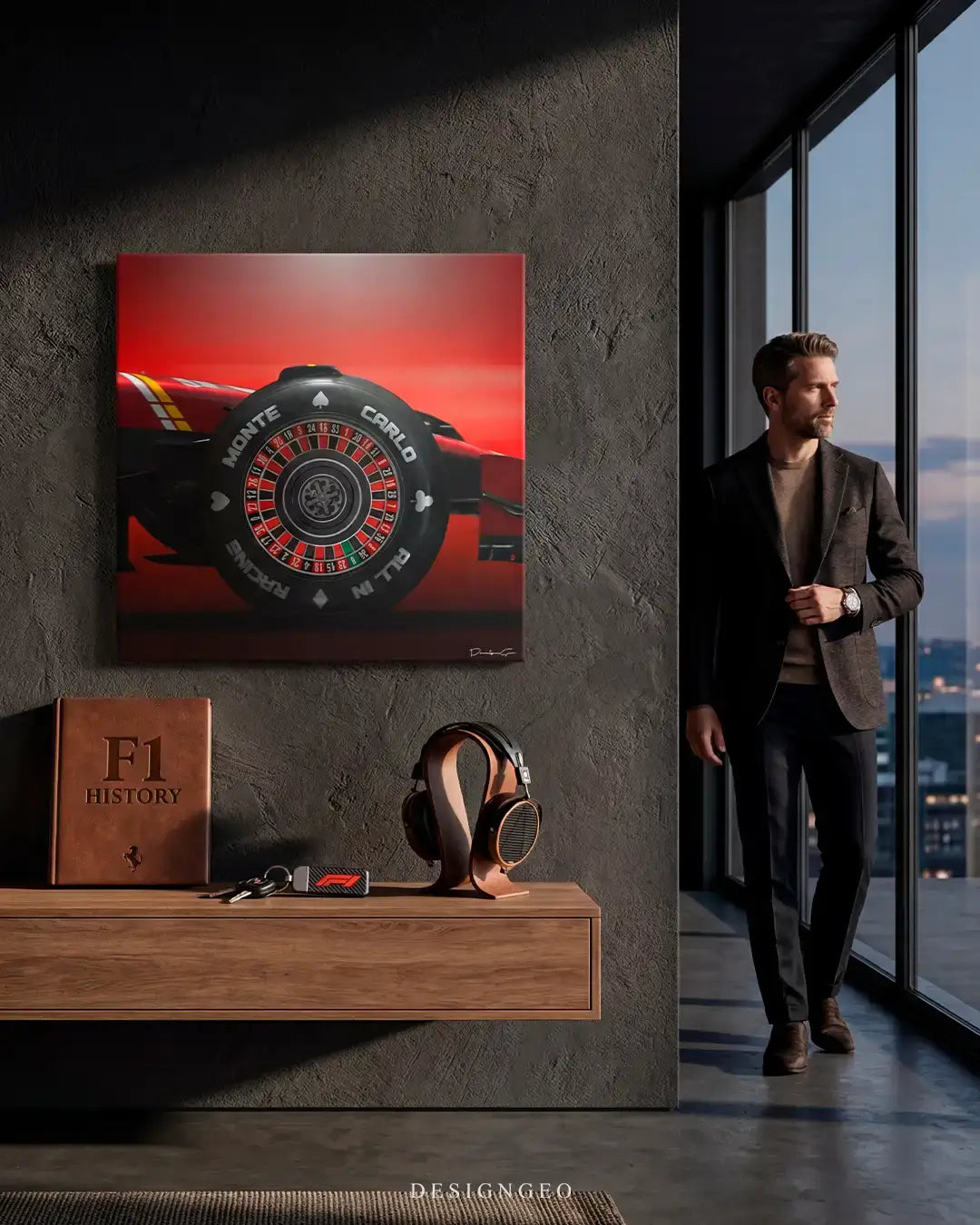 Square canvas wall art titled "Monte Carlo Apex" hanging on a textured grey concrete wall in a modern room. The artwork features a close-up digital design of a red Formula 1 race car's tire, where the wheel rim is styled like a casino roulette wheel, and the tire sidewall displays the text "MONTE CARLO", "ALL IN", and "RACING"