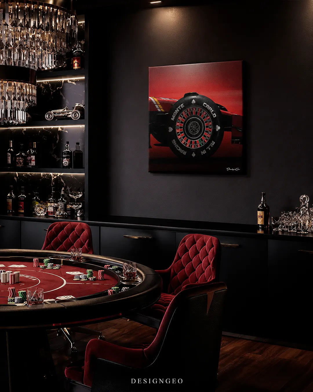 Square Formula 1 roulette wheel canvas wall art mounted on a black wall in a luxury private casino lounge above a red poker table with velvet chairs and a crystal chandelier