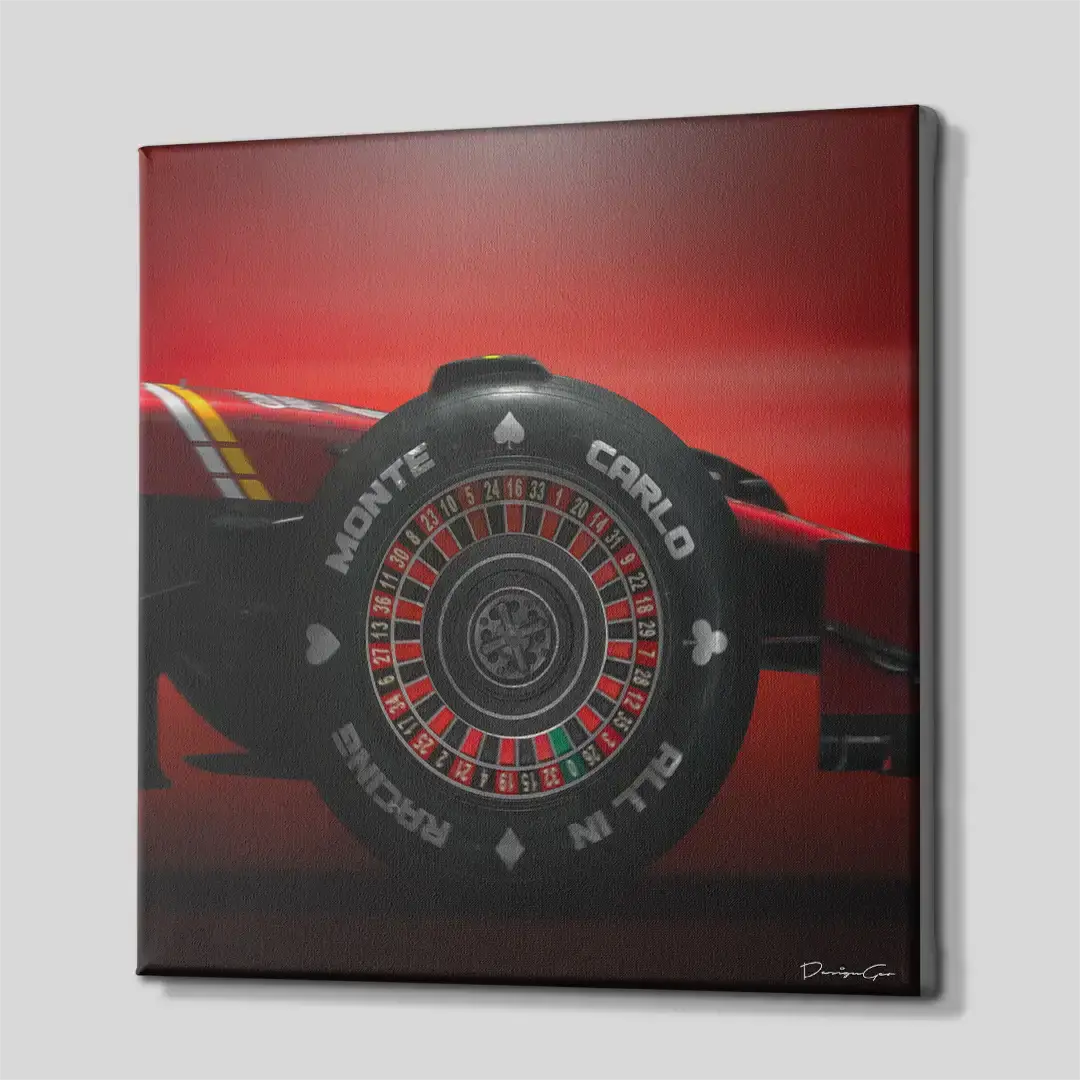 Side angle of the red casino-themed motorsport motivation canvas print, highlighting the high-quality gallery wrap finish and the professional 3D frame depth