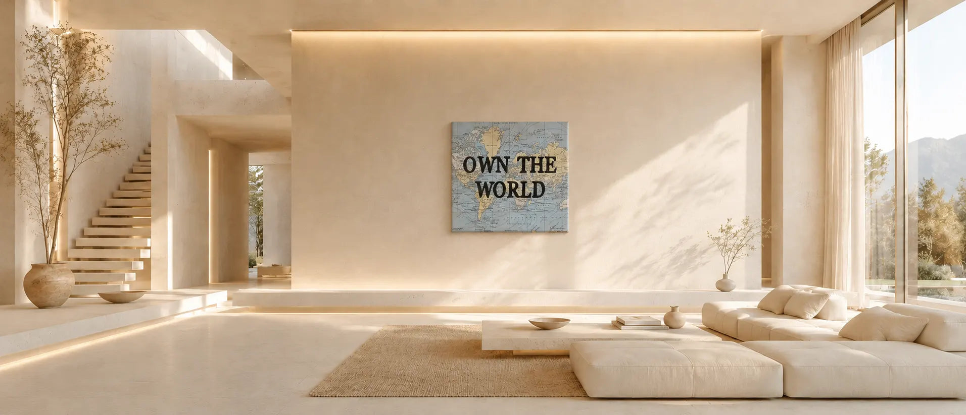 Sunlit minimalist luxury living room featuring a square canvas print of a vintage world map with the bold motivational quote "OWN THE WORLD", mounted on a large warm beige wall above a modern low-profile modular sofa