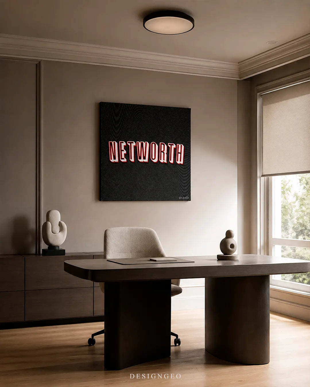 Square Networth red typography canvas wall art mounted on a beige wall in a luxury executive home office above a sleek wooden desk and ergonomic chair