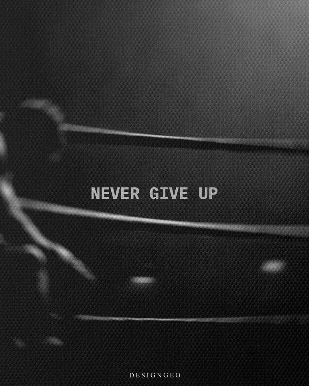 Close up texture view of Never Give Up typography quote printed on dark woven canvas near boxing ring ropes square canvas wall art 0.75 inch thin wrap