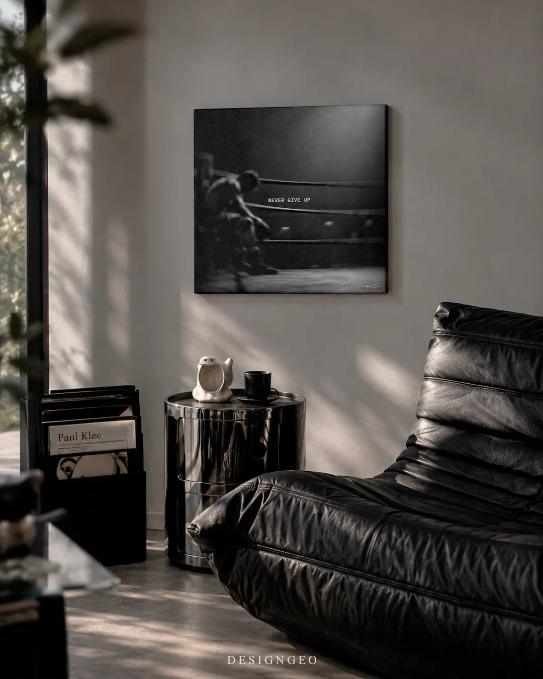 Never Give Up boxer resting in ring corner with typography motivational art square canvas wall art mounted on wall in luxury living room above armchair 0.75 inch thin wrap