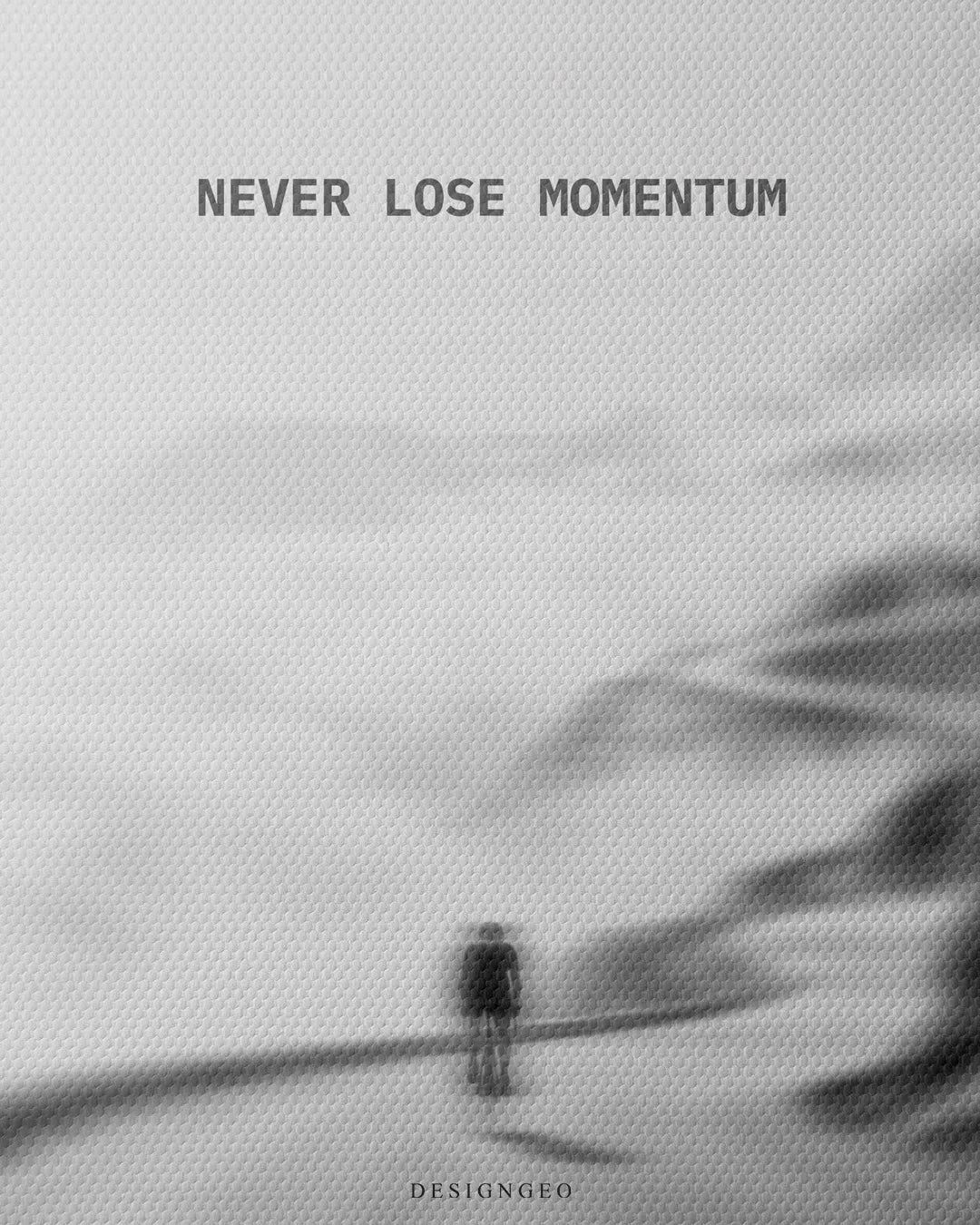 Close up texture view of Never Lose Momentum typography quote above a cyclist figure on a winding mountain road square canvas wall art 0.75 inch thin wrap