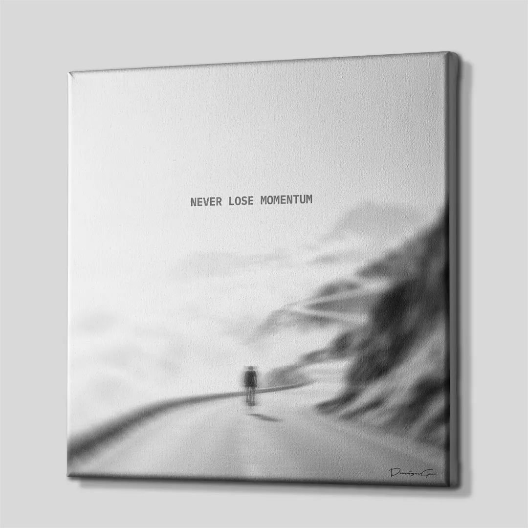 Side perspective view of black and white square canvas wall art showing cyclist cycling artwork with white gallery wrapped edge 0.75 inch thin wrap