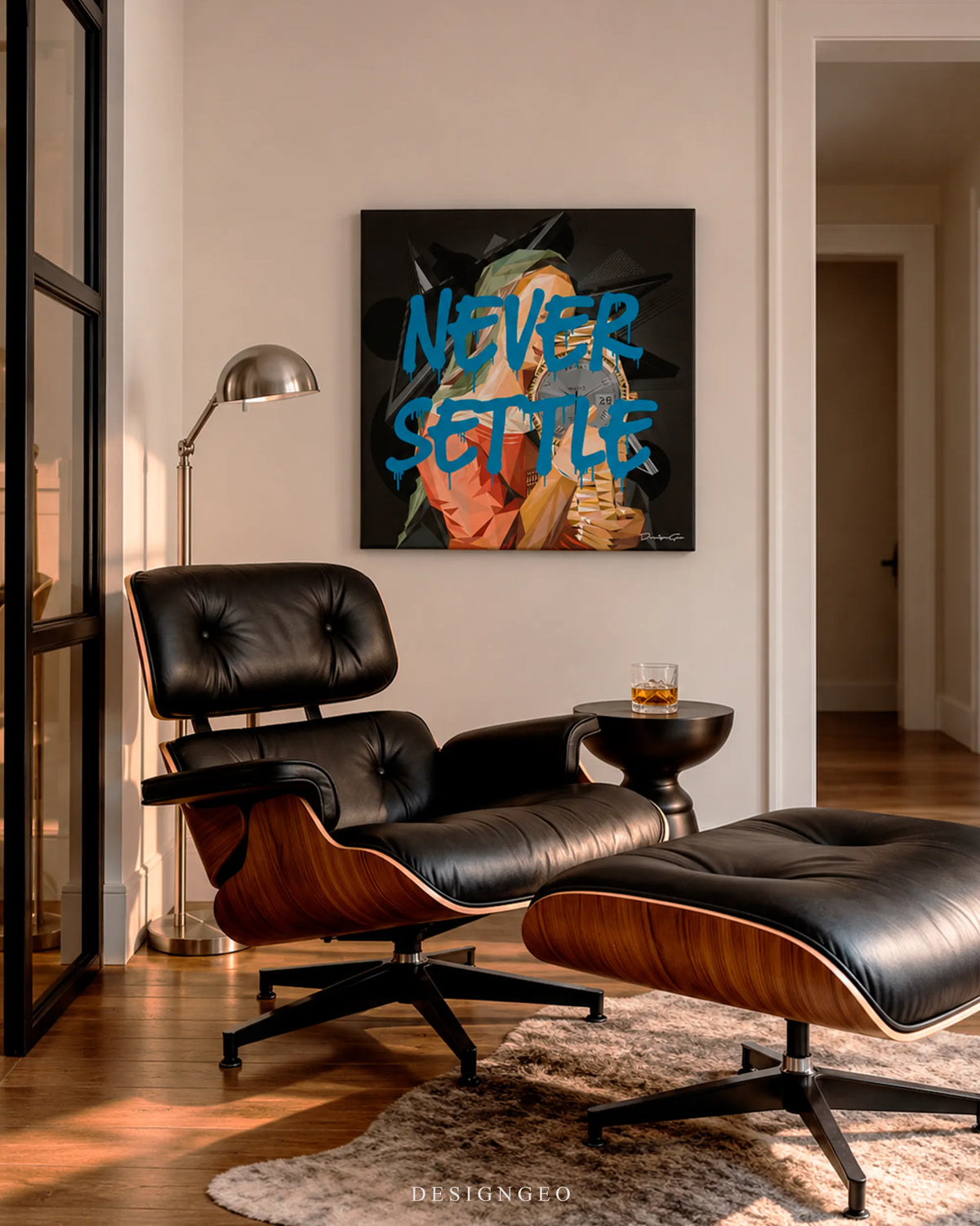 Never Settle blue graffiti Girl with a Pearl Earring square canvas wall art mounted on wall above black leather lounge chair and ottoman 0.75 inch thin wrap