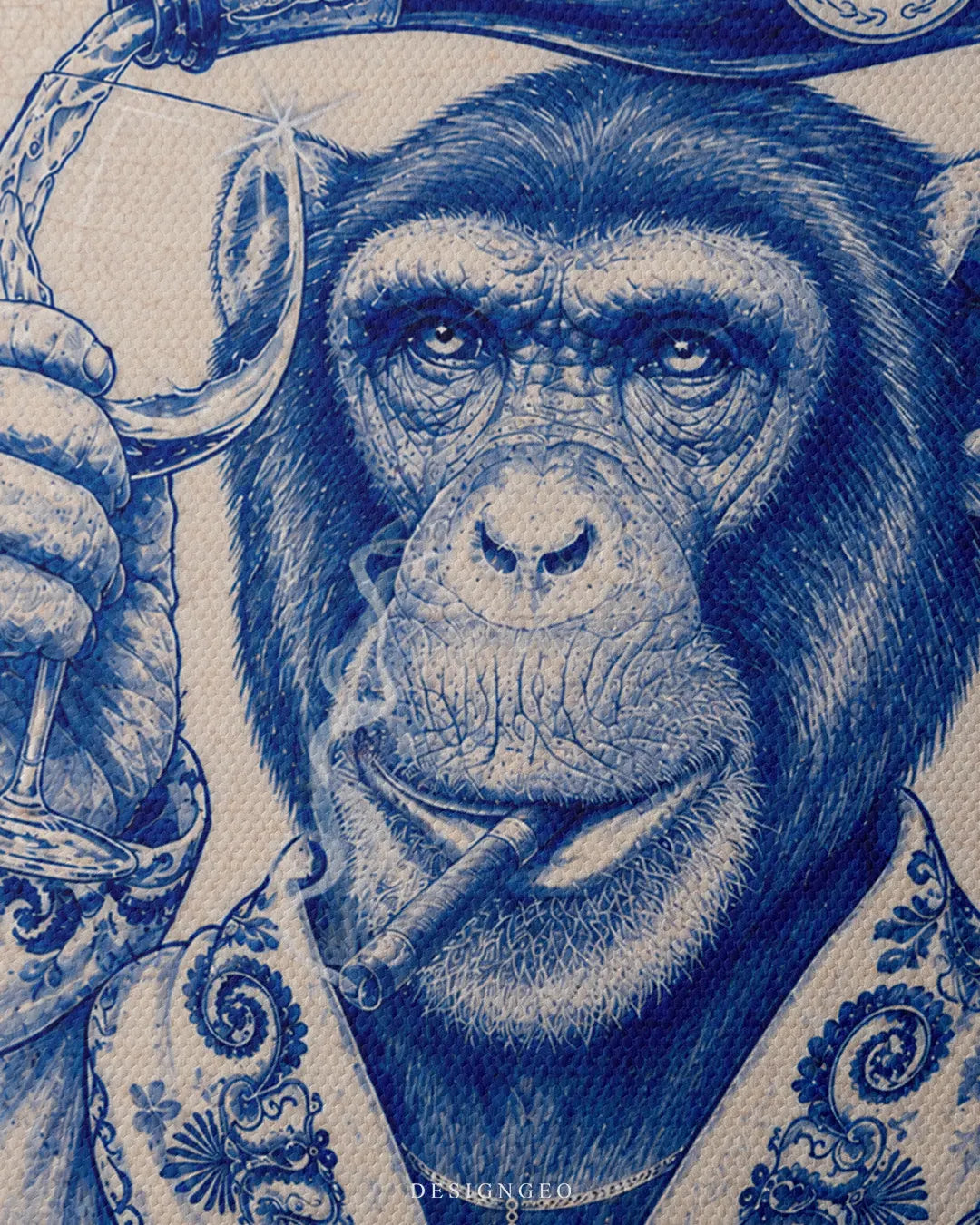 Macro view detailing the fine line-art illustration of the chimpanzee's facial expression, lit cigar smoke, crown necklace, and patterned robe printed on premium textured canvas