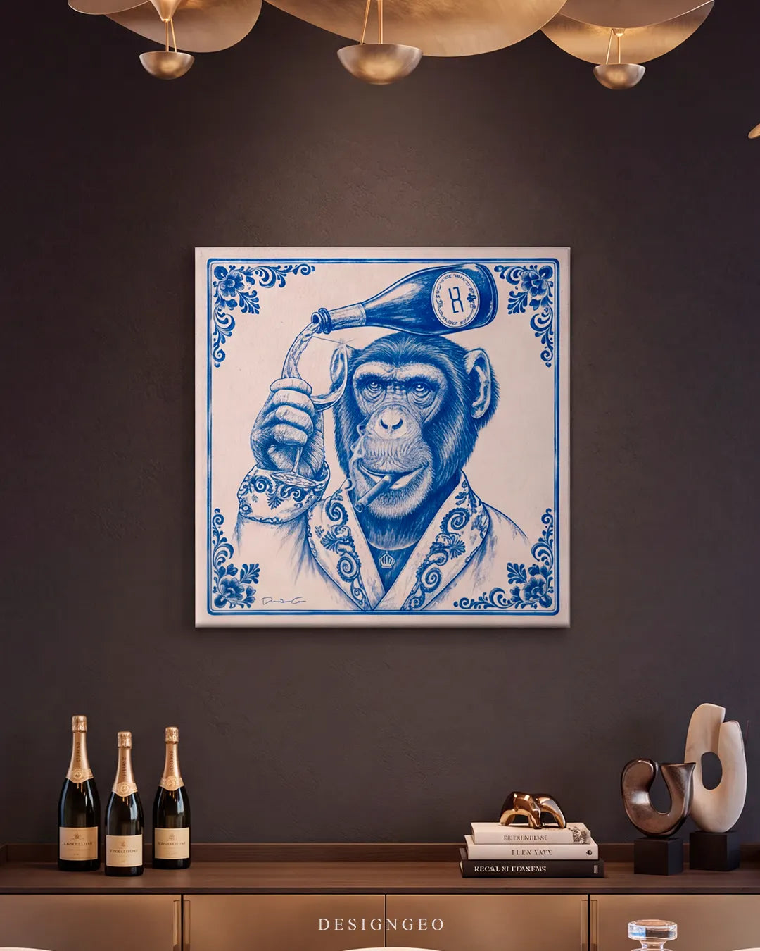 Elegant home bar lounge interior with dark walls, featuring the square blue and white chimpanzee canvas art displayed above a modern credenza set with champagne bottles and gold decor