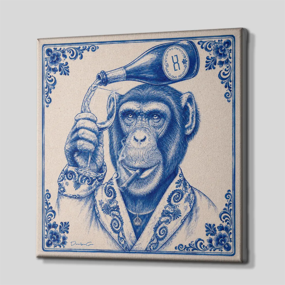 Three-quarter side profile of the square chimpanzee canvas wall art, showing clean gallery-wrapped edges mounted on solid wooden stretcher bars