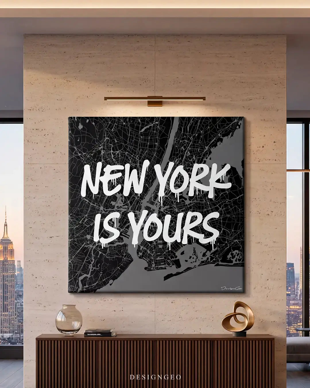 Modern living room interior displaying the New York map square canvas wall art above a table, creating a sophisticated and inspiring atmosphere for modern home offices or livings
